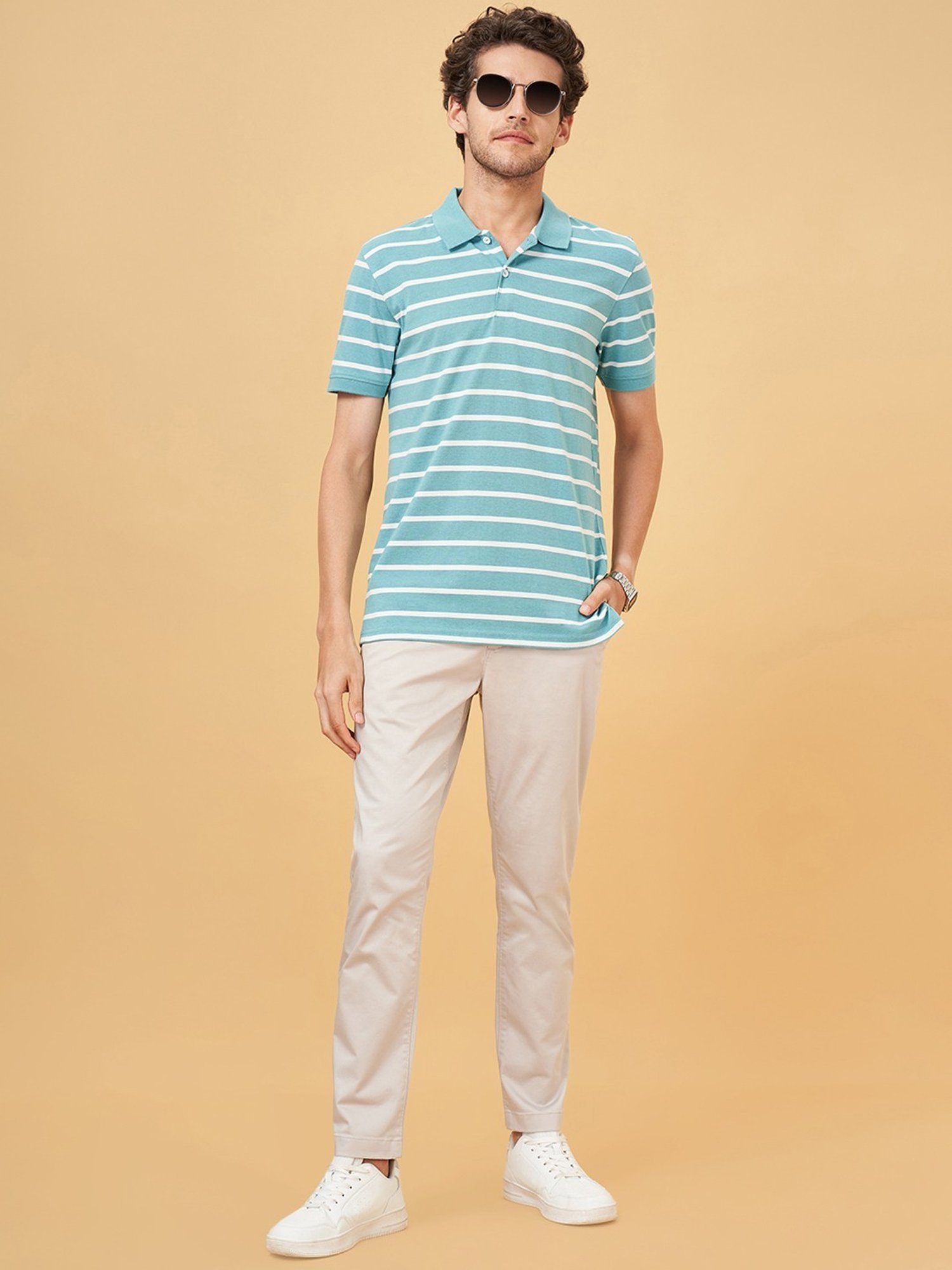 Byford By Pantaloons Bel Air Blue Cotton Slim Fit Striped Polo T-Shirt