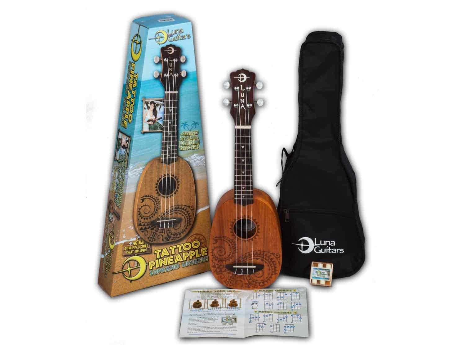 Luna Guitars UKE TATTOO Tattoo Pineapple Mahogany Soprano Ukulele Pack
