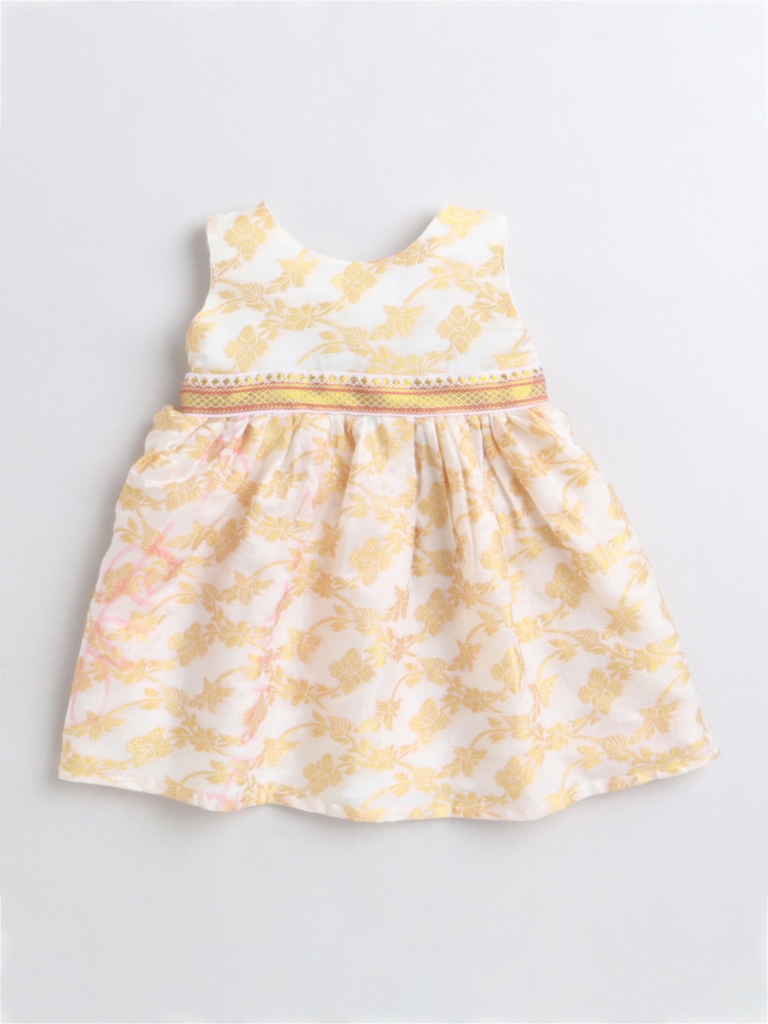 Many Frocks Kids Cream Self Design Dress