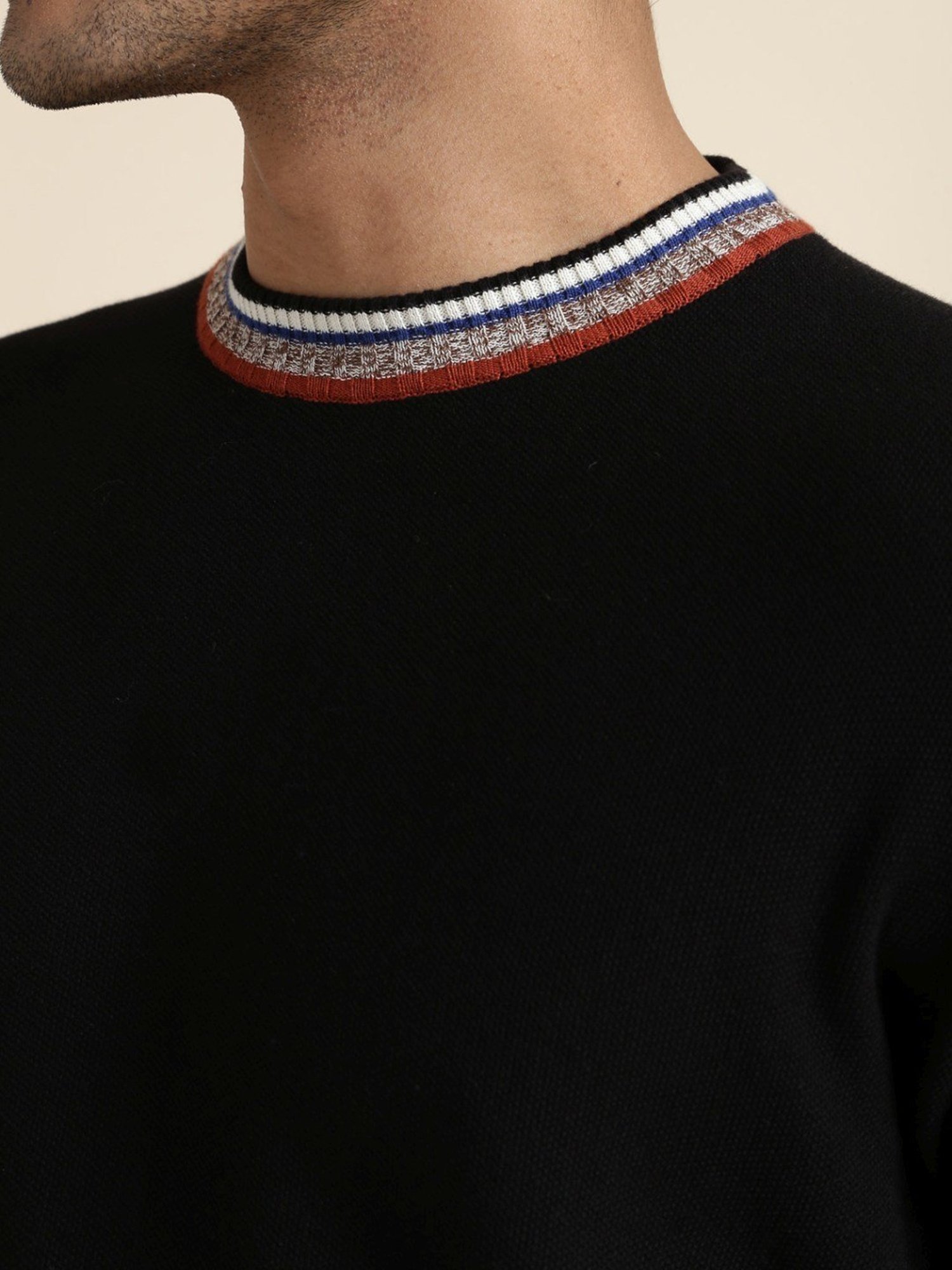 Andamen Black Regular Fit Self Pattern T-Shirt