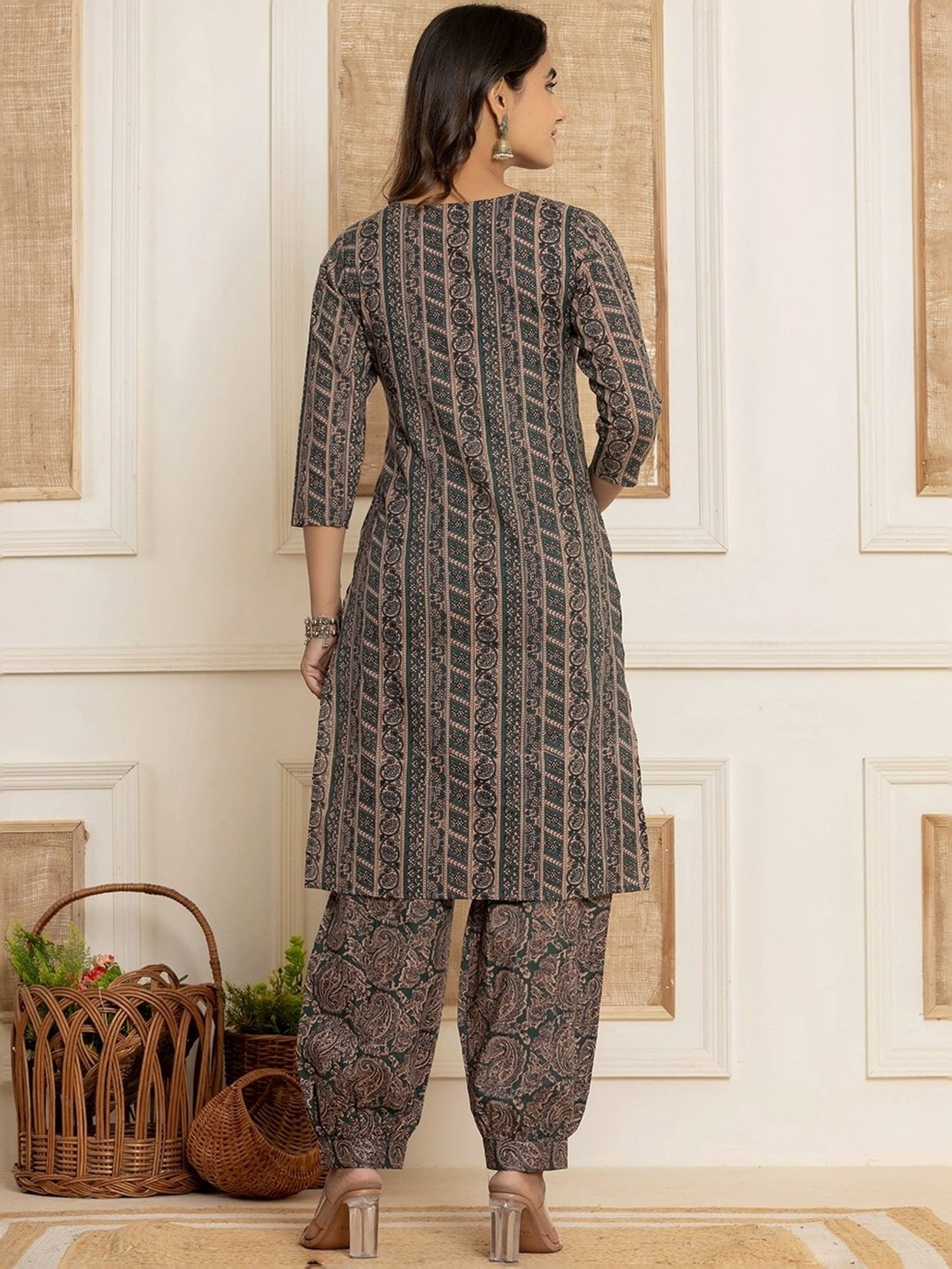 Yufta Teal Green Cotton Printed Kurta Harem Pant Set