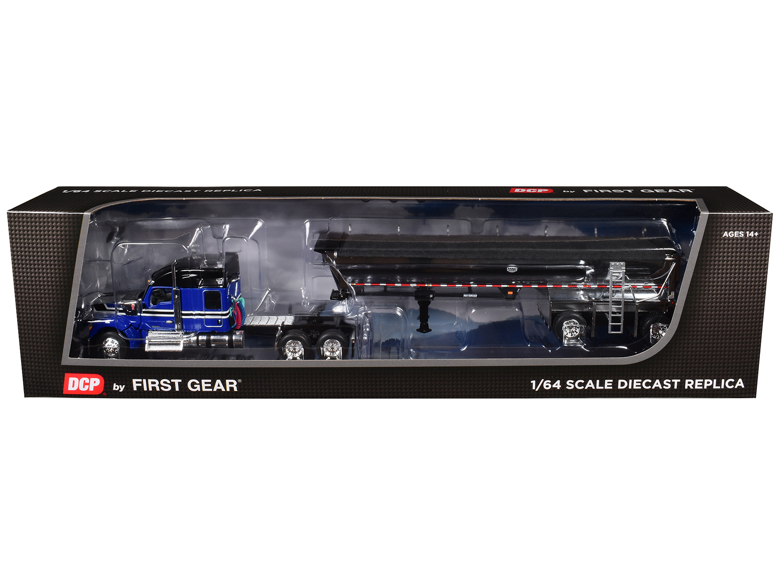 Kenworth W990 76" Mid-Roof Sleeper and MAC Half Round End Dump Trailer Blue and Black 1/64 Diecast Model by DCP/First Gear