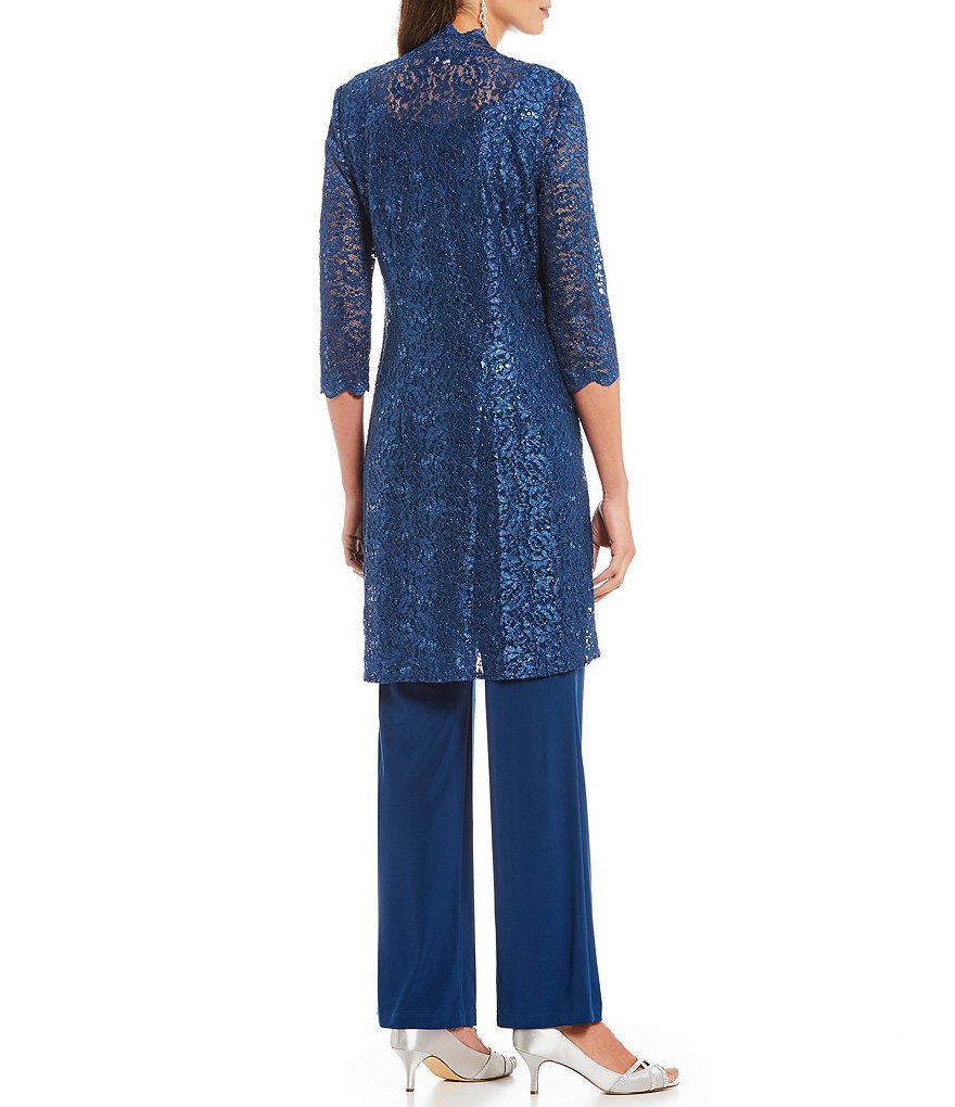 R & M Richards 3-Piece Sequin Glitter Scallop Lace Duster Pant Set