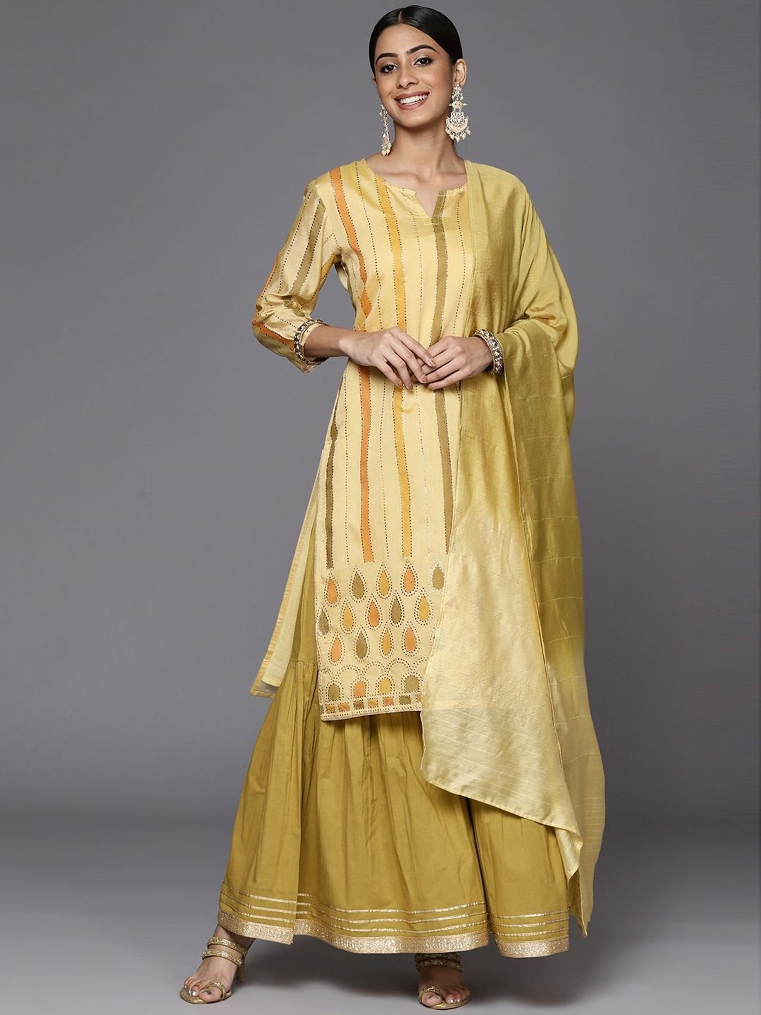 KSUT Yellow Printed Kurta Sharara Set With Dupatta