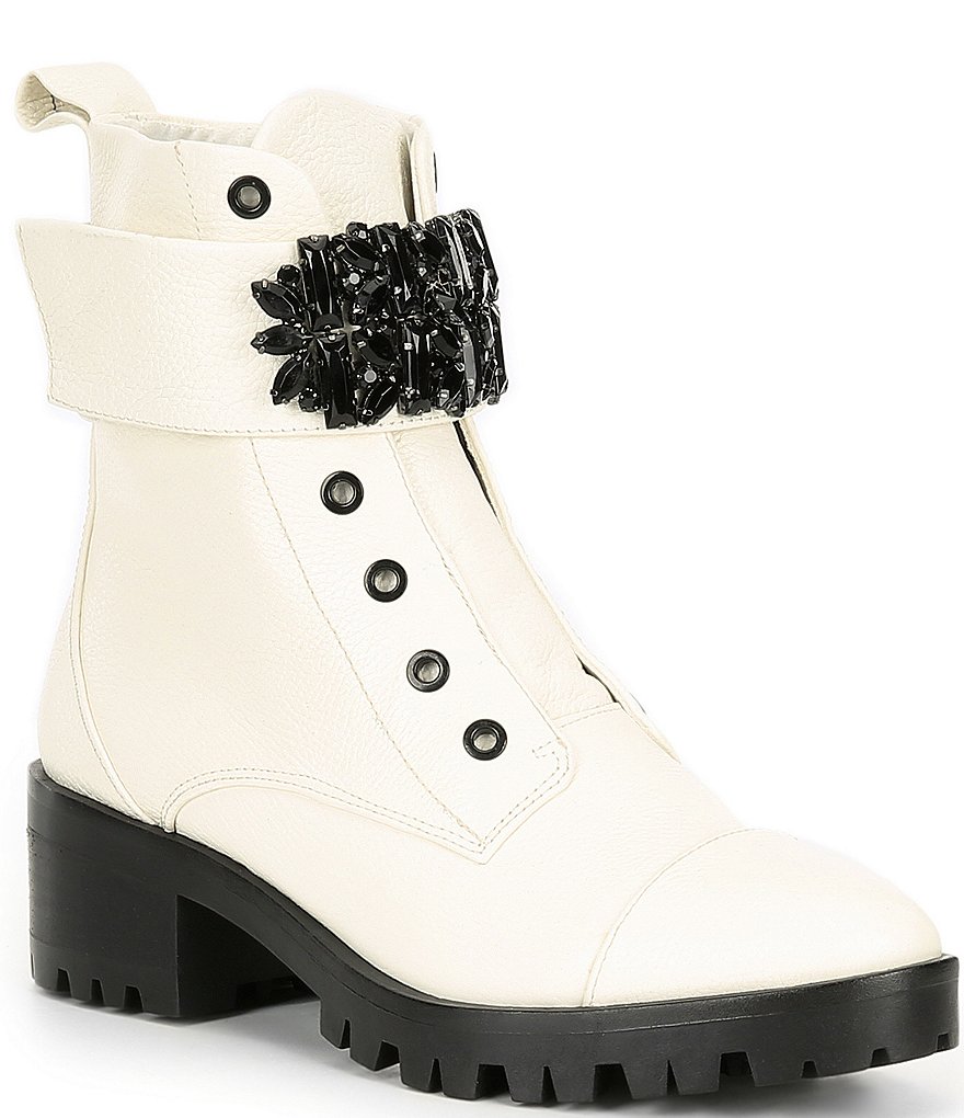KARL LAGERFELD PARIS Pippa Jeweled Strap Leather Lug Sole Combat Booties