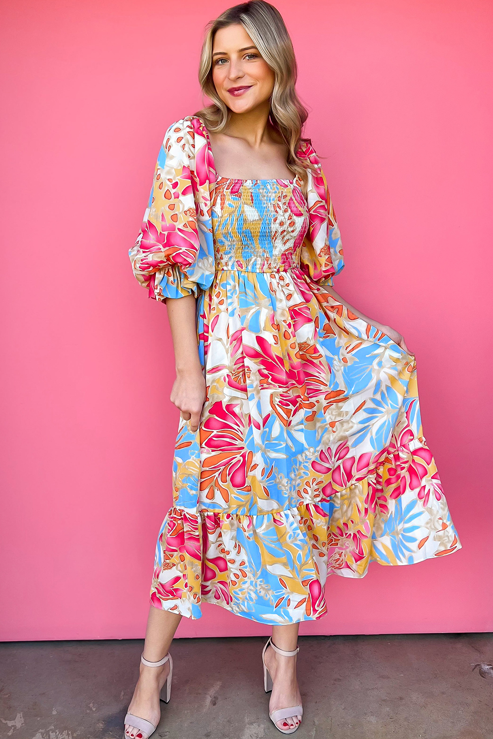 Multicolor Boho Floral Collared Long Sleeve Dress