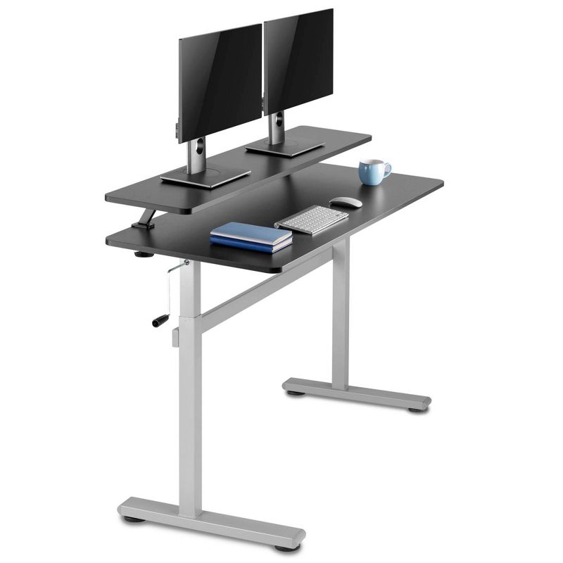 Tranzendesk Standing Desk with Clamp-On Shelf - 55" Sit to Stand Workstation with 55" Monitor Stand - Black with Silver Legs - Stand Steady