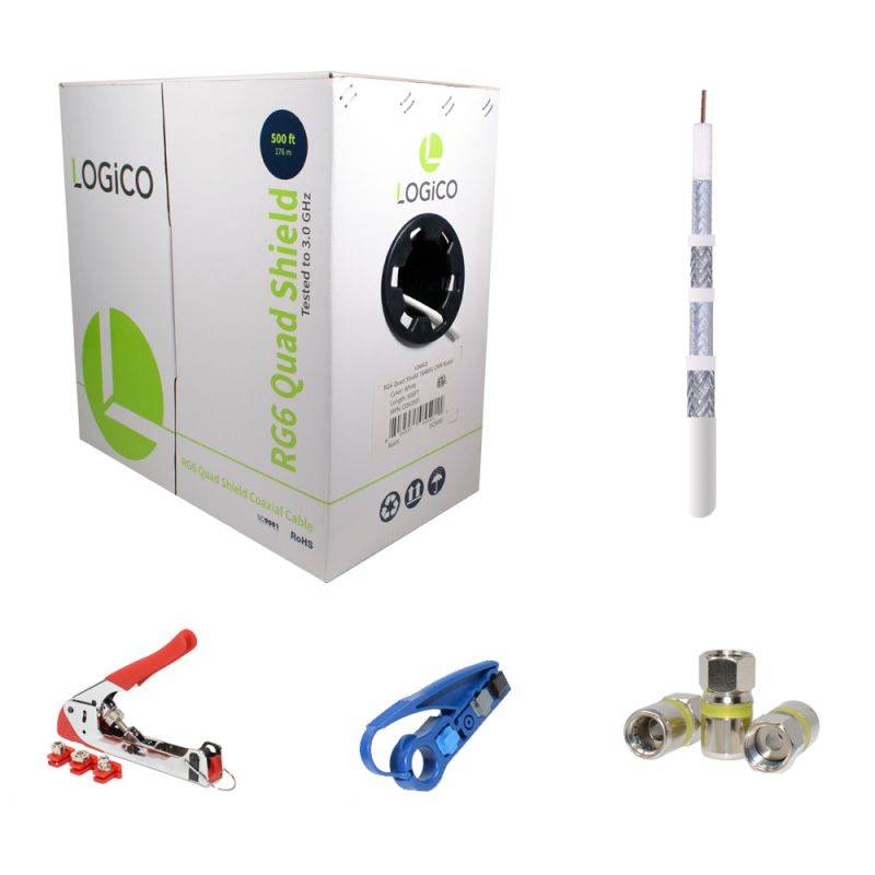 RG6 Quad Shield Coaxial Cable 500FT White + Strip Tool + Compression Tool + 50 Piece F-Type Compression Connectors Kit