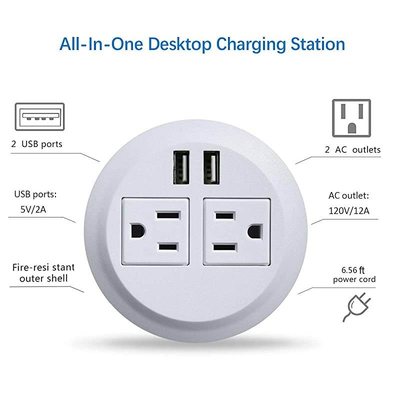 Grommet Desktop Outlet 2 US Plugs amp 2 USB Ports for Computer DeskTable Kitchen OfficeHomeHotel and More white