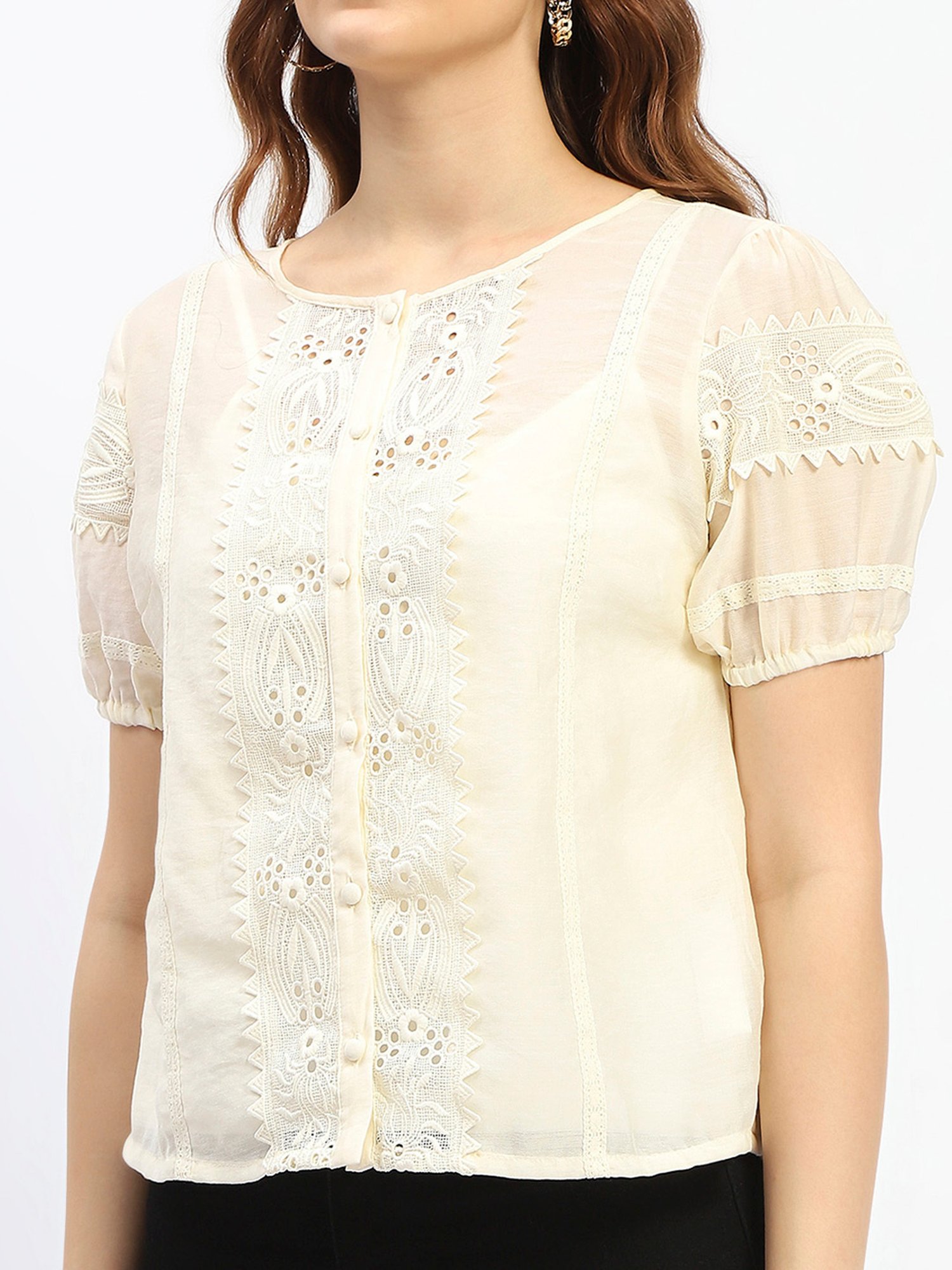 MADAME Cream Cotton Self Design Top