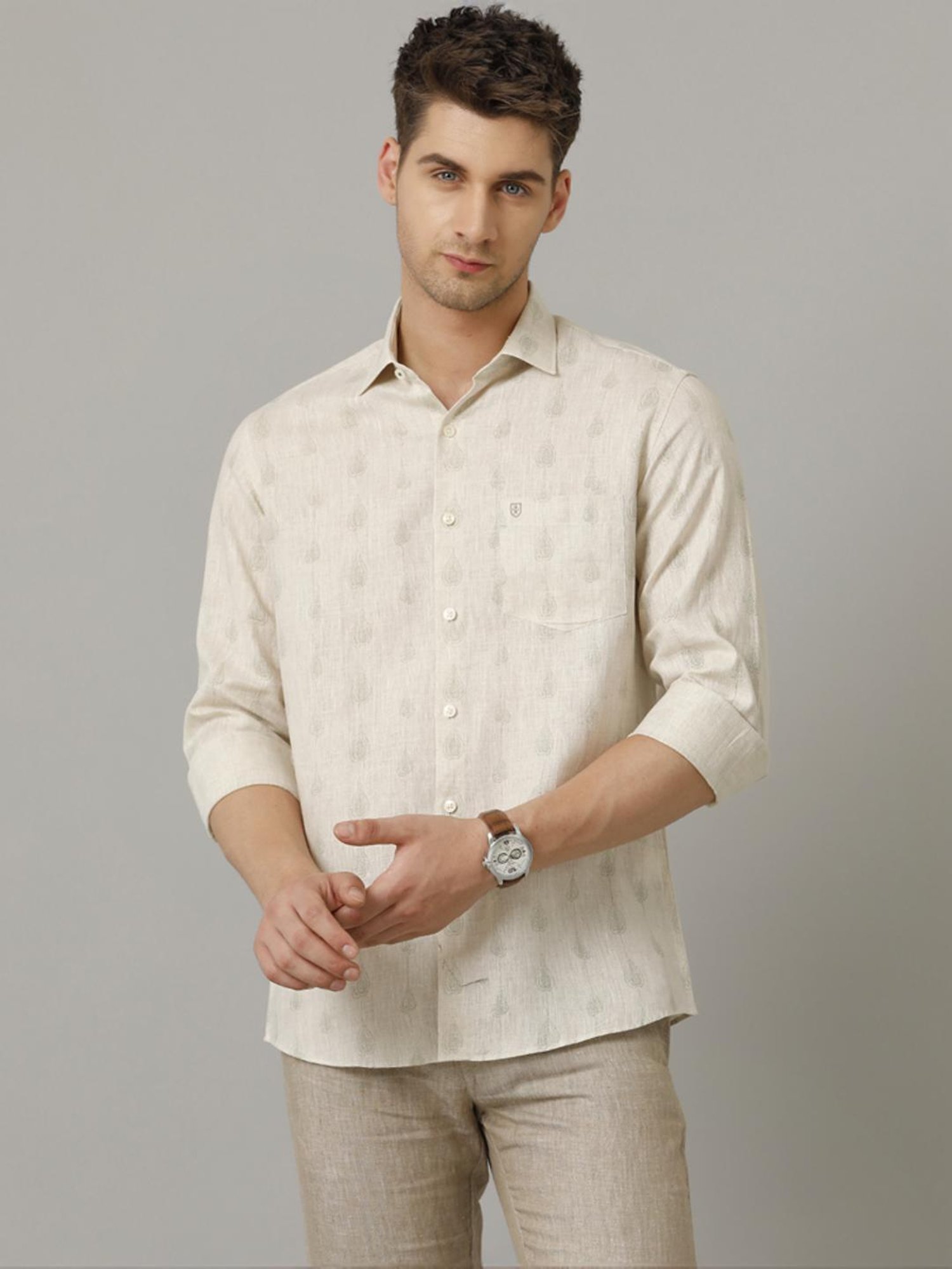 Linen Club Beige Linen Contemporary Fit Printed Shirt