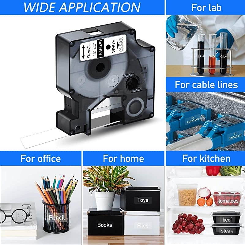 Compatible for DYMO D1 45020 S0720600 Label Tape 1/2" 12mm x 23ft use in LabelManager 160 210D 260P 280 360D 420P PnP LabelWriter 450 400 Duo 3M PL300 Label Maker (White on Clear, 3 Pack)
