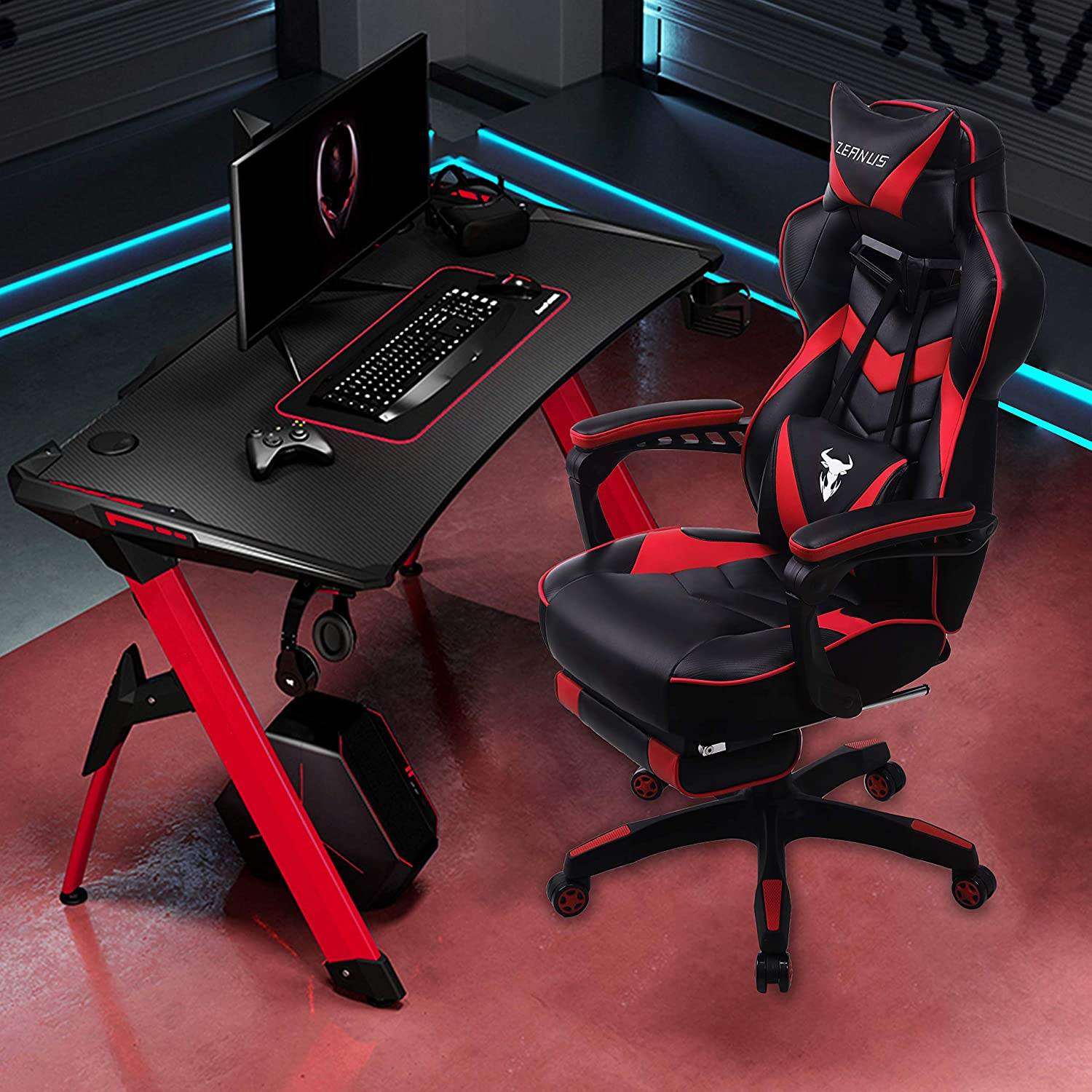 Zeanus Gaming Chair for Adults Green, Gaming Chair with Footrest, Massage Computer Gaming Chair, Reclining Gaming Desk Chair, Big and Tall Video Gaming Chair, Racing Style Chair, E-Sports Gamer Chair