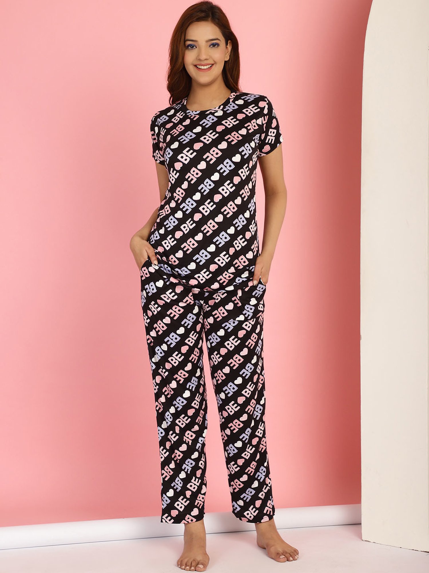 Gracit Black Cotton Printed Top With Pyjamas