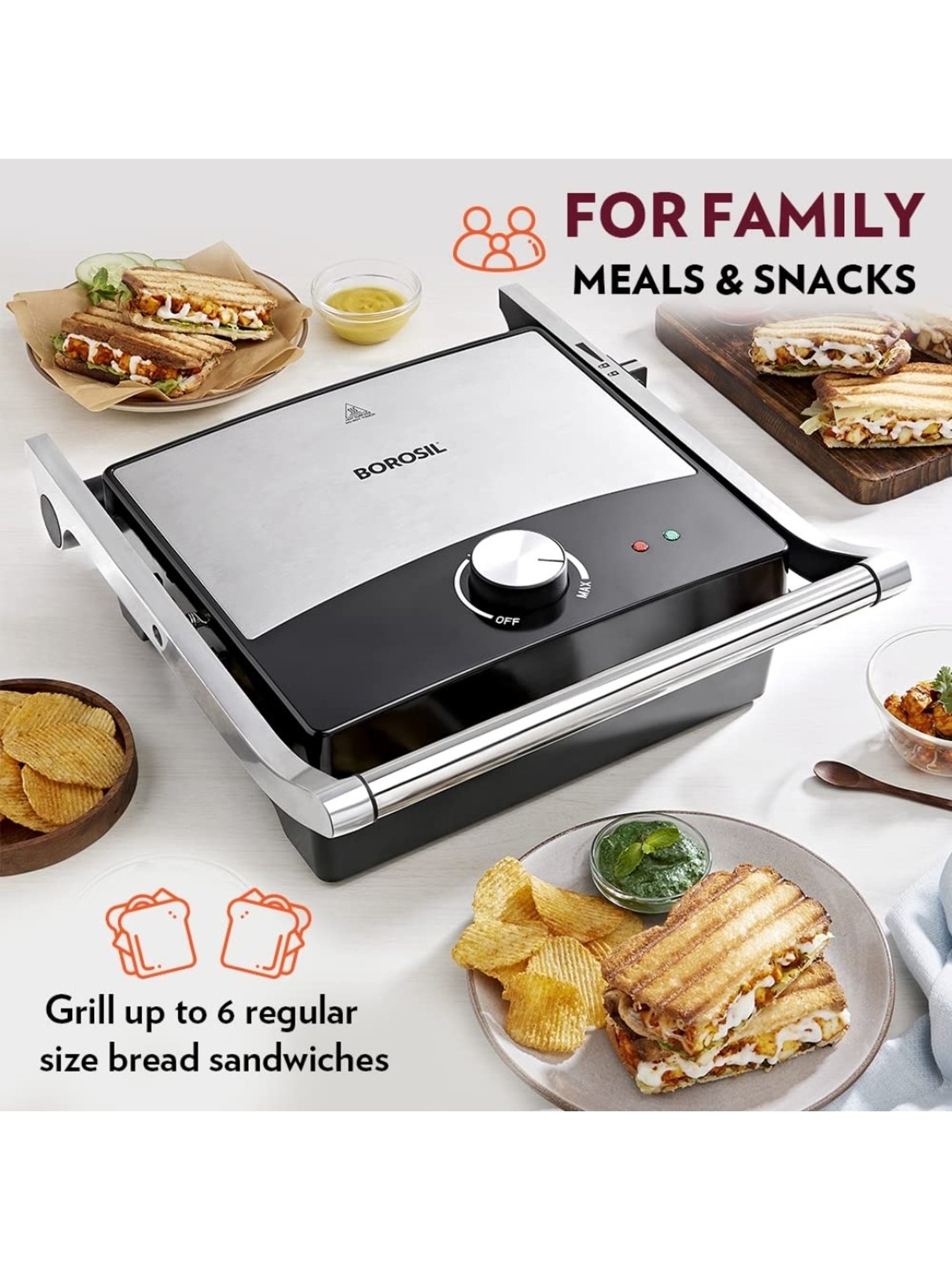 Borosil Sandwich Maker 2000W with Non stick coating (Black)