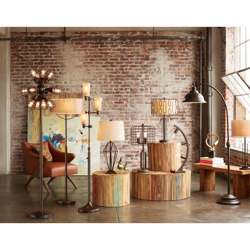 Franklin Iron Works Modern Bronze Metal Base Rose Gold Soft Tan Linen Fabric Double Drum Shade for Living Room Family Bedroom