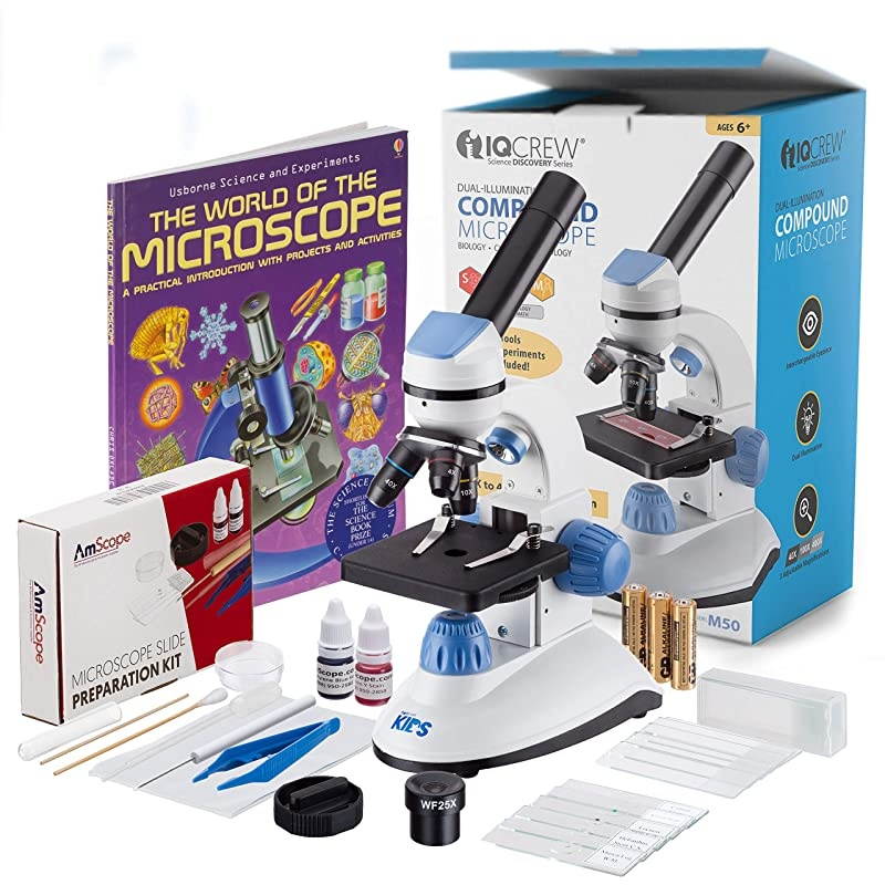 Kids M50C-B14-WM 40X-1000X Dual Illumination Microscope (Blue) with Slide Prep Kit and Book