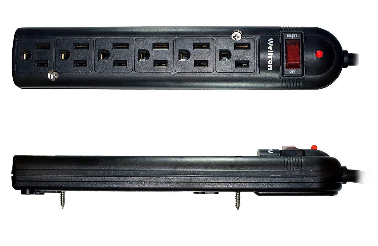 Weltron 6 Outlet Black Surge Protector Power Strip, Wall Mount, 750 Joules, Long 20 Foot Cord Cable