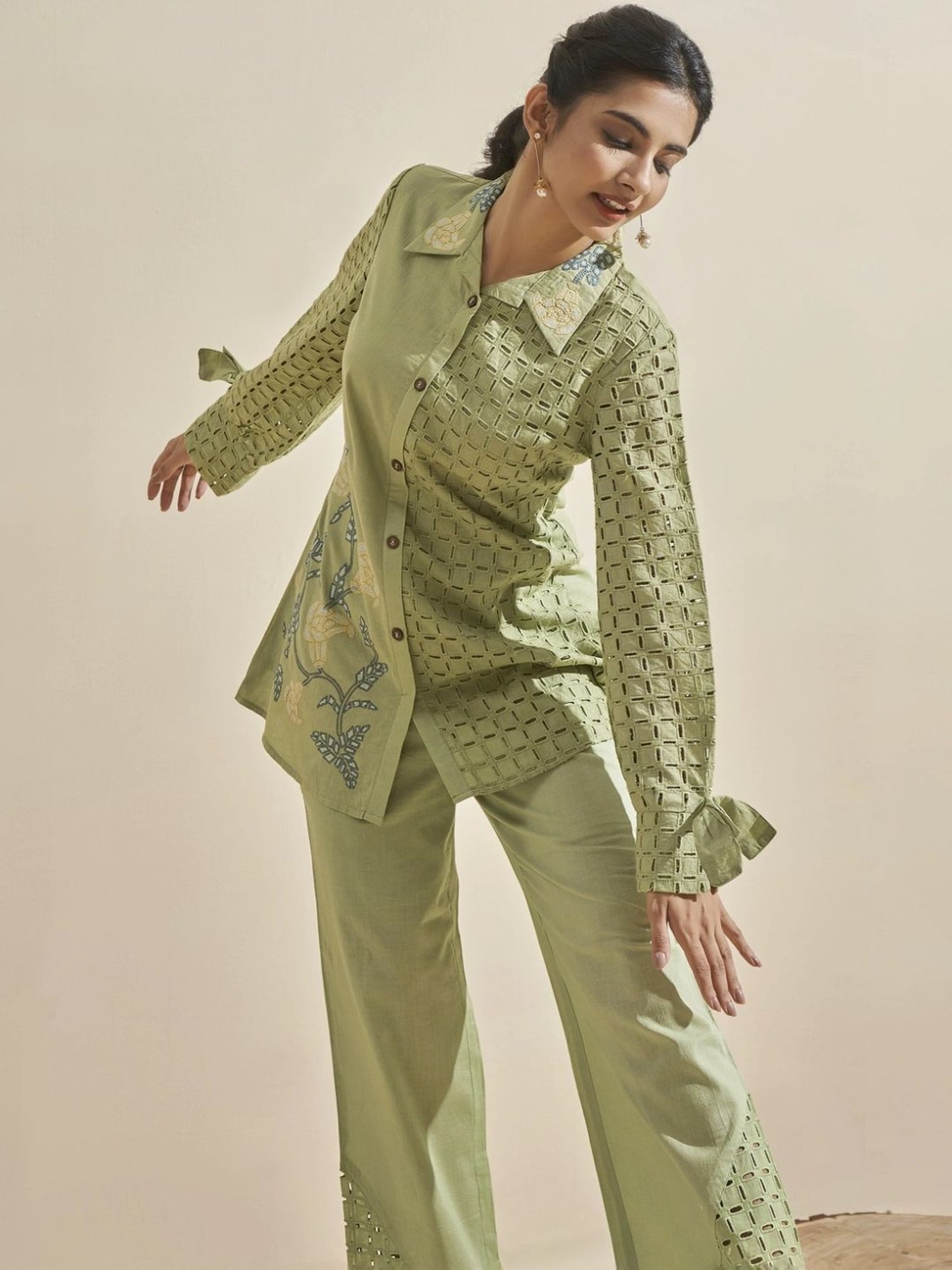 Autumnlane Green Cleo Fern Schiffli Cotton Shirt with Pant Co-ord Set