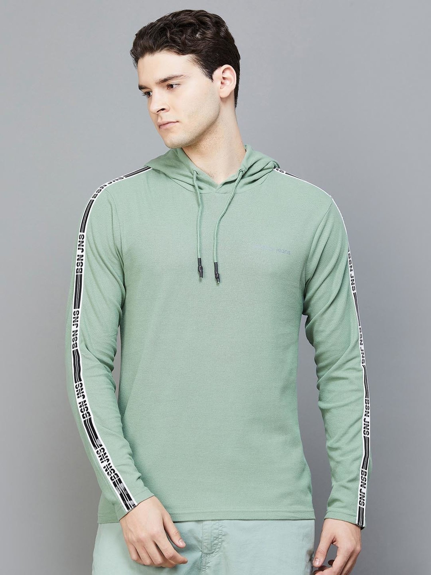 BOSSINI Sage Green Regular Fit Printed Hooded T-Shirt