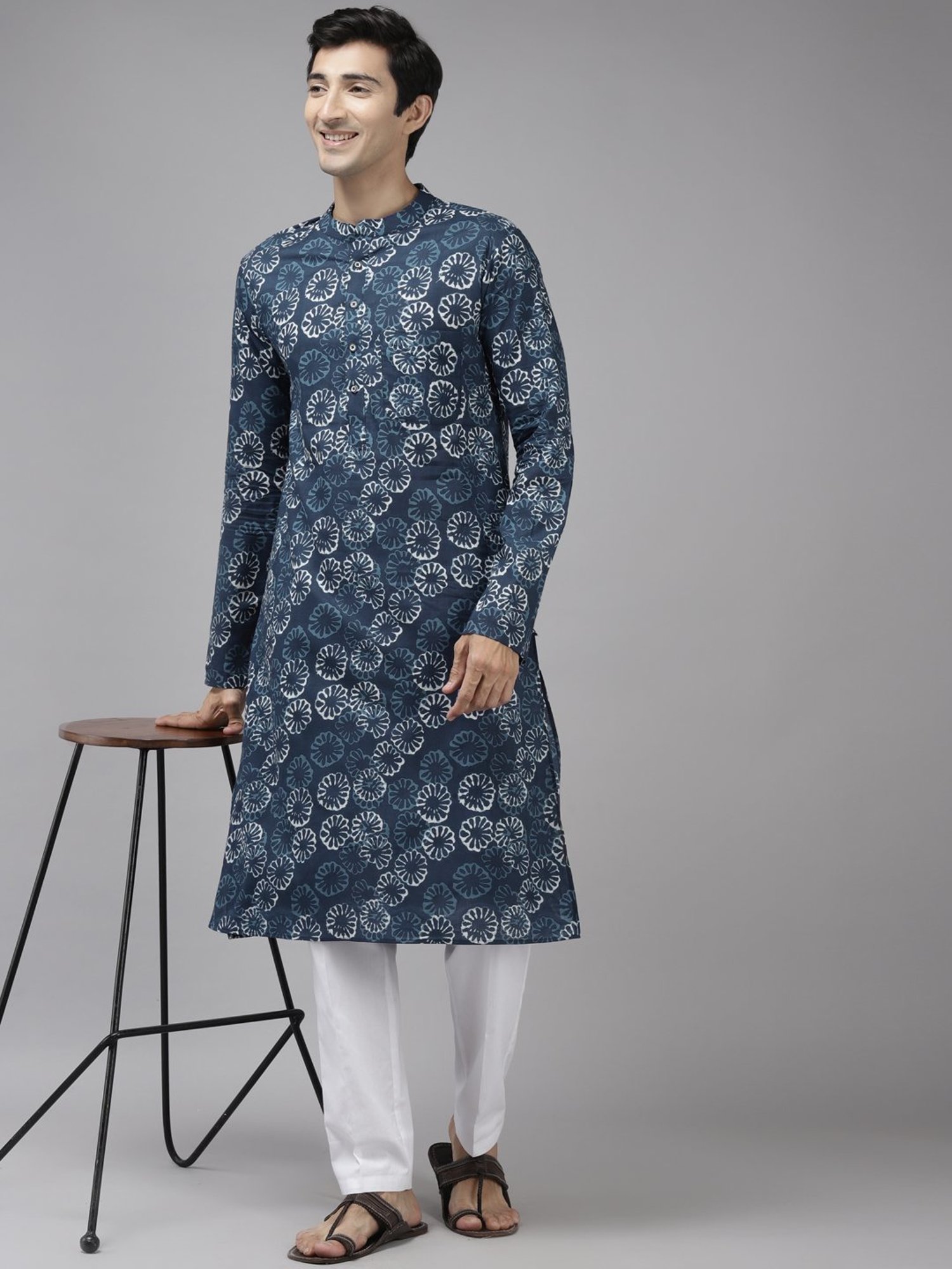 See Designs Blue & White Cotton Regular Fit Printed Kurta Bottom Set