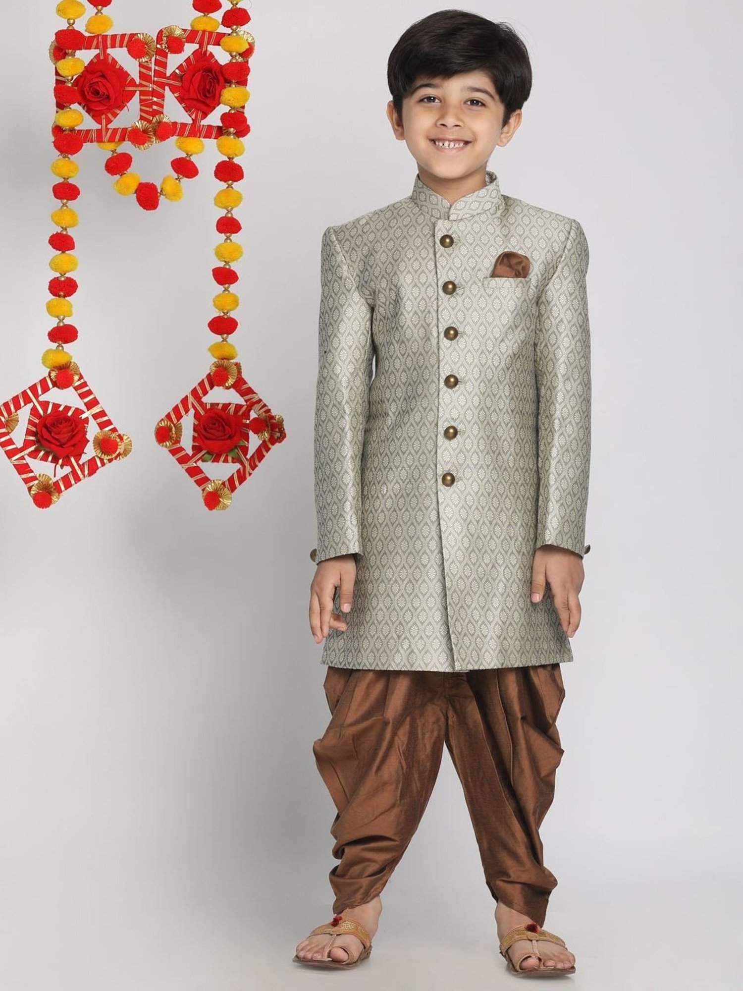 VASTRAMAY Boys Turquoise Floral Full Sleeves Indowestern