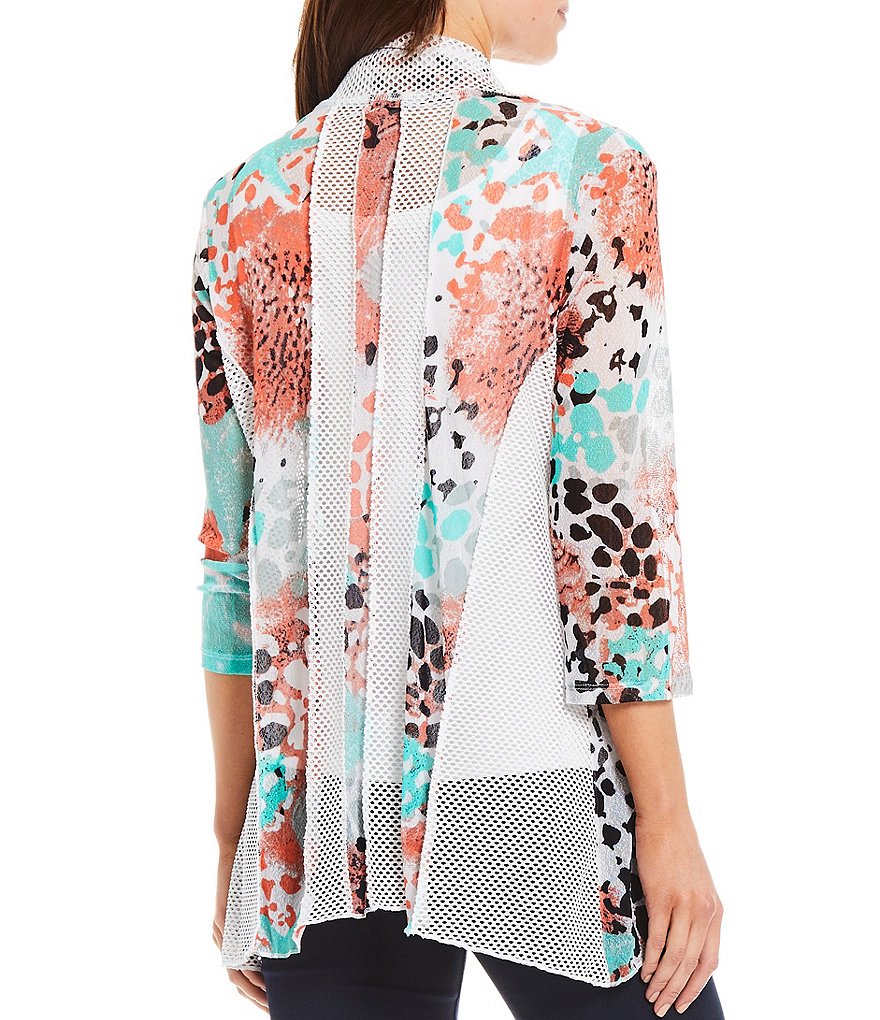 Multiples Petite Size Multicolor Abstract Dot Print Onionskin Shawl Collar Solid Mesh Open-Front Jacket