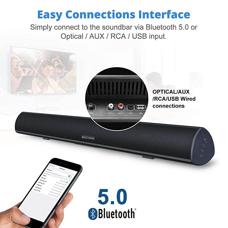 Watt Soundbar, BESTISAN Sound Bars for TV of Home Theater System (Bluetooth 5.0, 34 inch, DSP, Strong Bass, Wireless Wired Connections, Bass Adjustable, Wall Mountable)