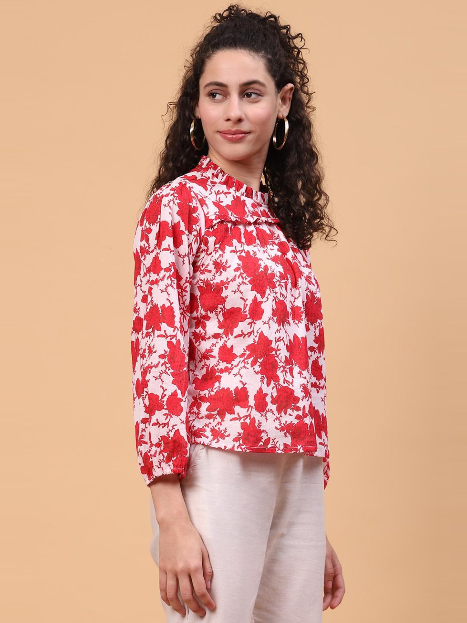Rangriti White & Red Floral Print Top