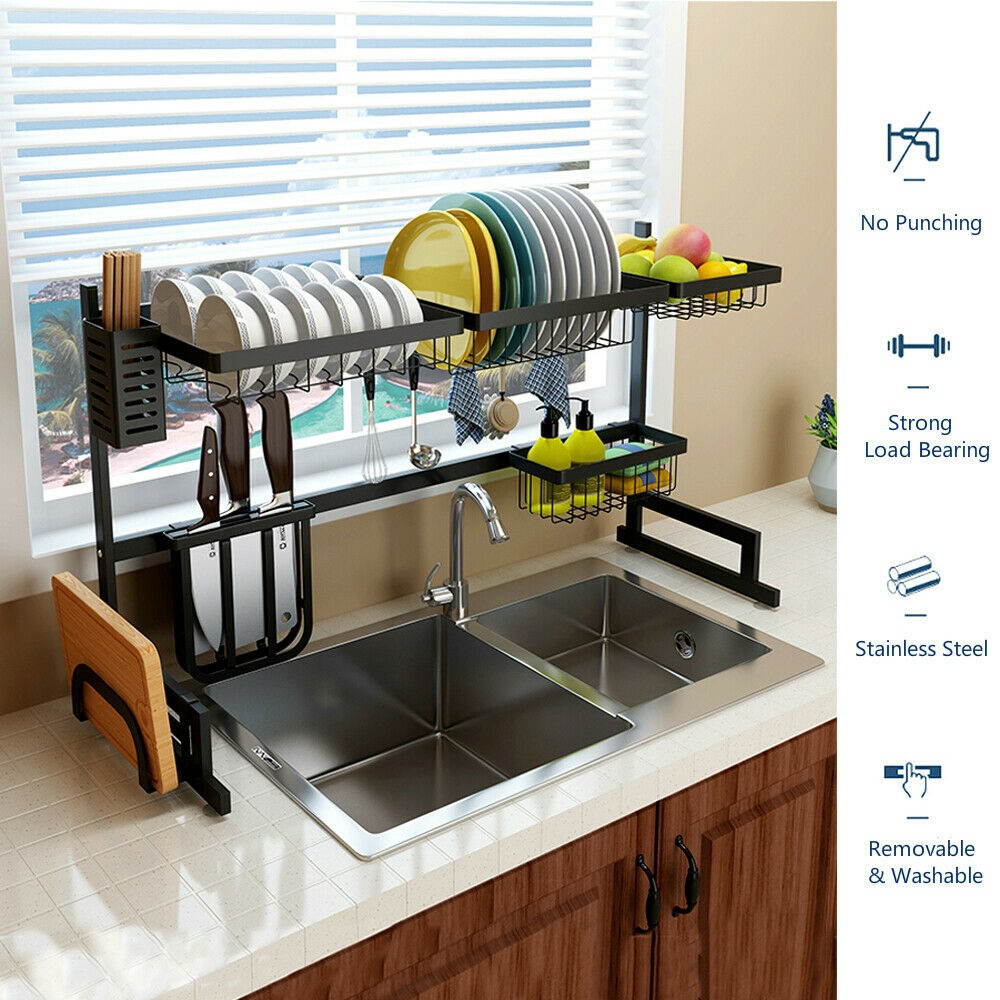 Over Sink Dish Drying Rack 2-Tier Stainless Steel Kitchen Cutlery Holder Shelf