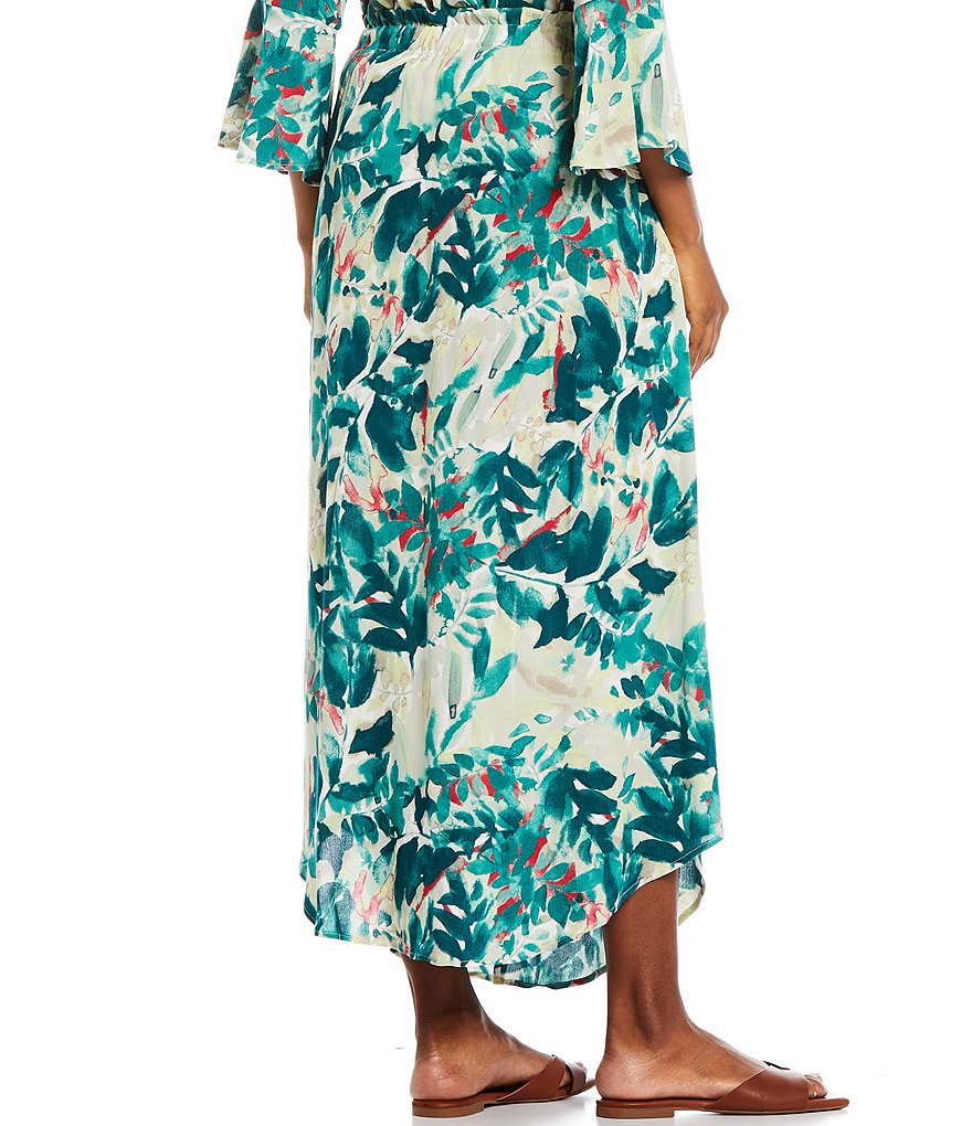 I.N. Studio Tropical Watercolor Floral Print Crepon Tie Front Button Detail Slit Front Pull-On Skirt