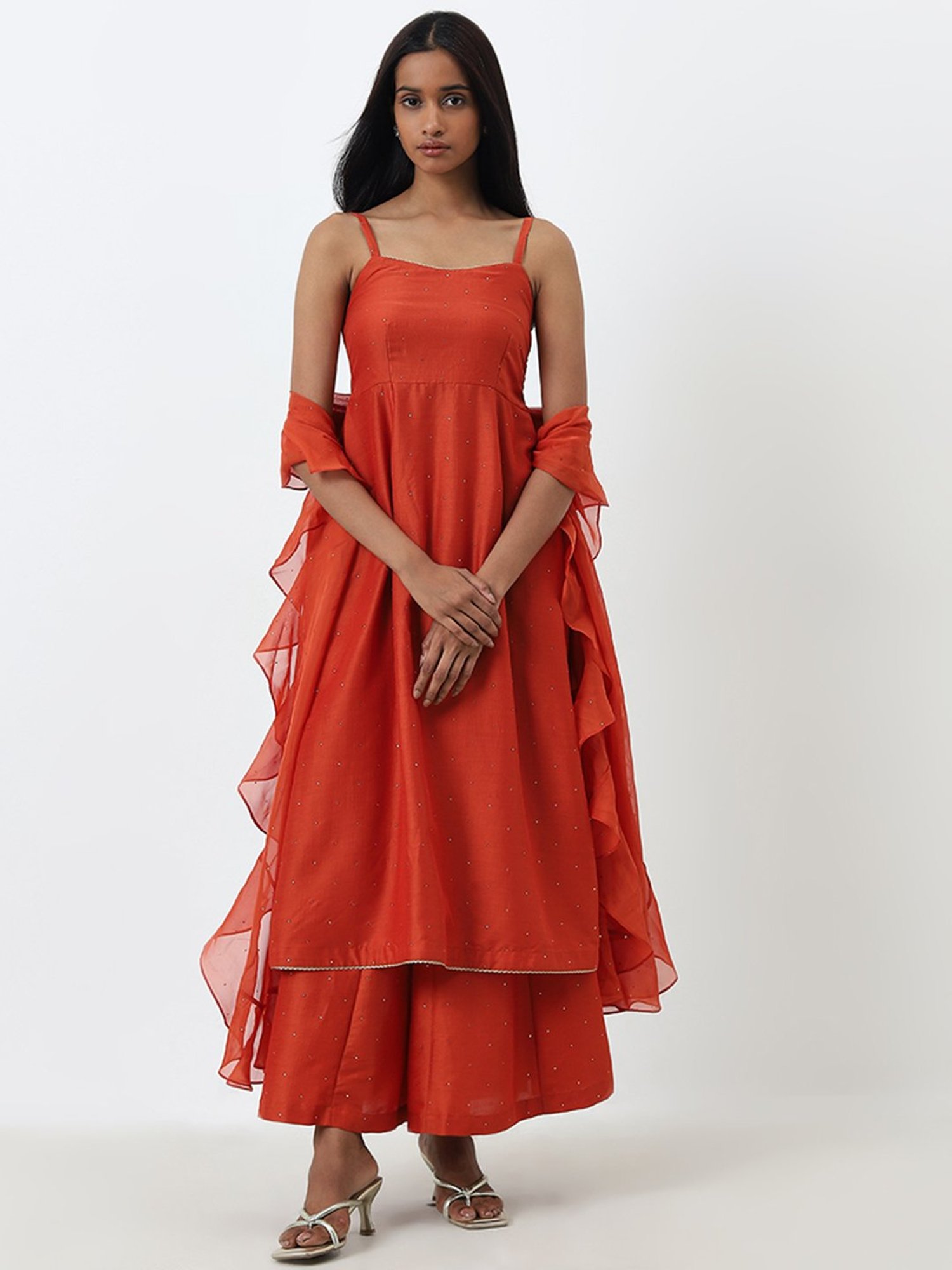 Vark by Westside Orange Embellished Kurta, Palazzos and Dupatta Set