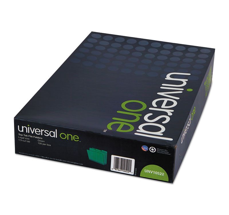 UNIVERSAL File Folders 1/3 Cut One-Ply Tab Legal Bright Green/Light Green 100/Box 10522