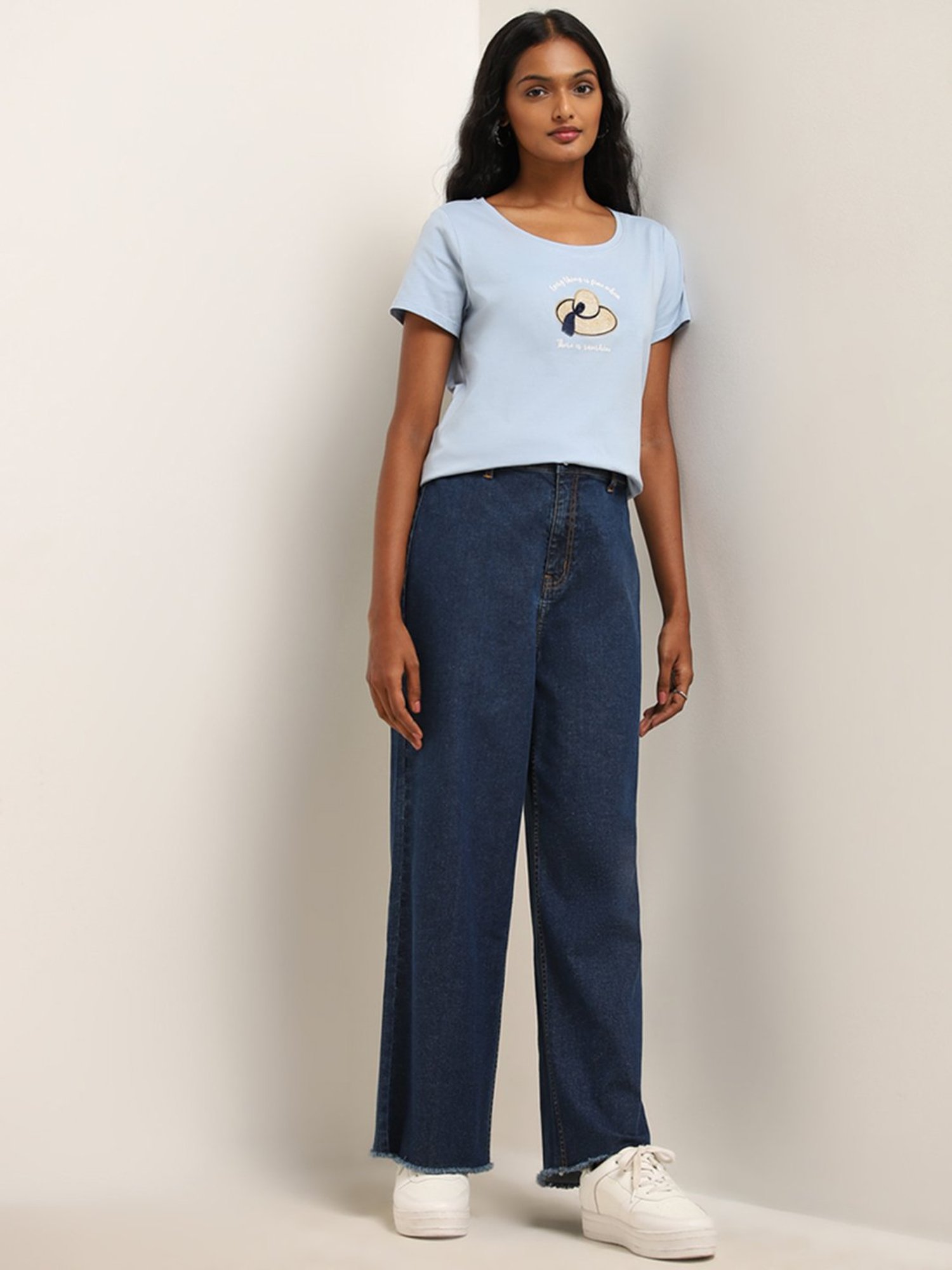 LOV by Westside Light Blue Text Design Cotton T-Shirt