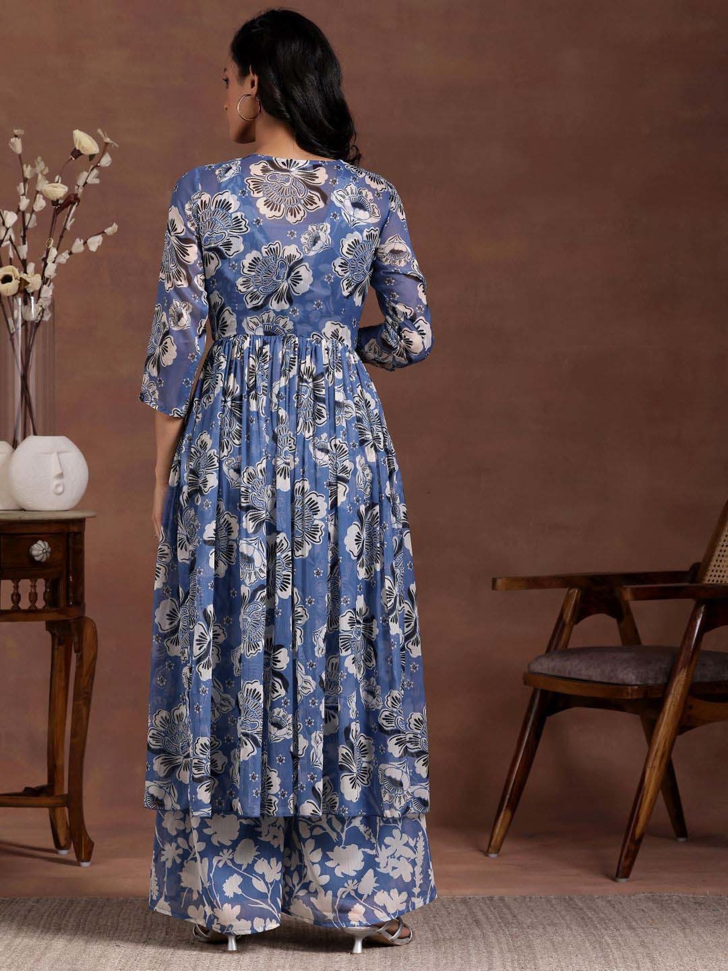 Libas Blue Printed Polyester Co-Ords With Shrug