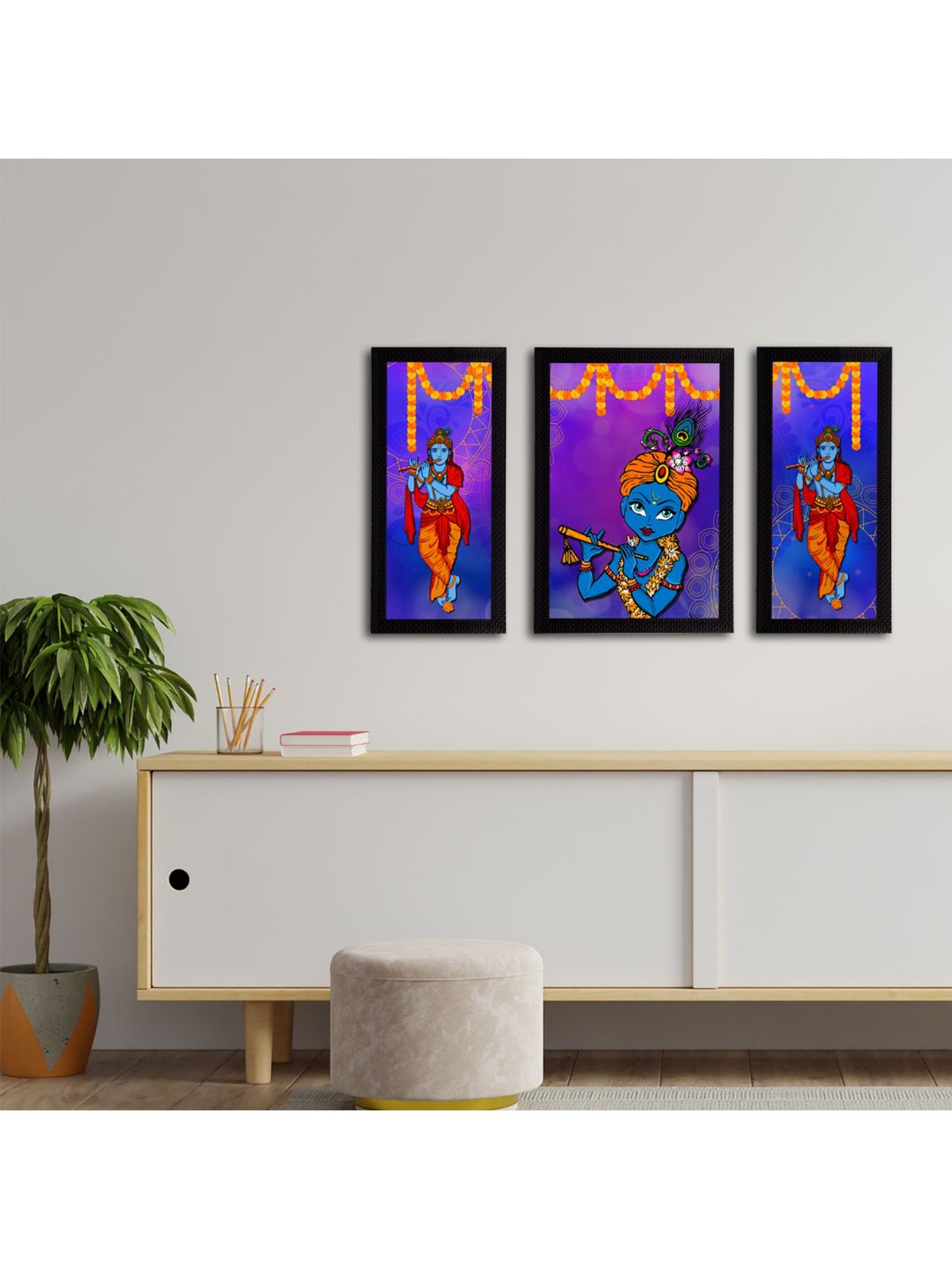 eCraftIndia Set of 3 Lord Krishna Satin Matt Texture UV Art Painting