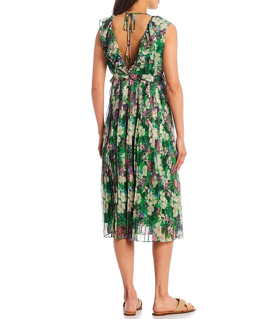 Adelyn Rae Pleated Floral V-Neck Chiffon Midi Dress