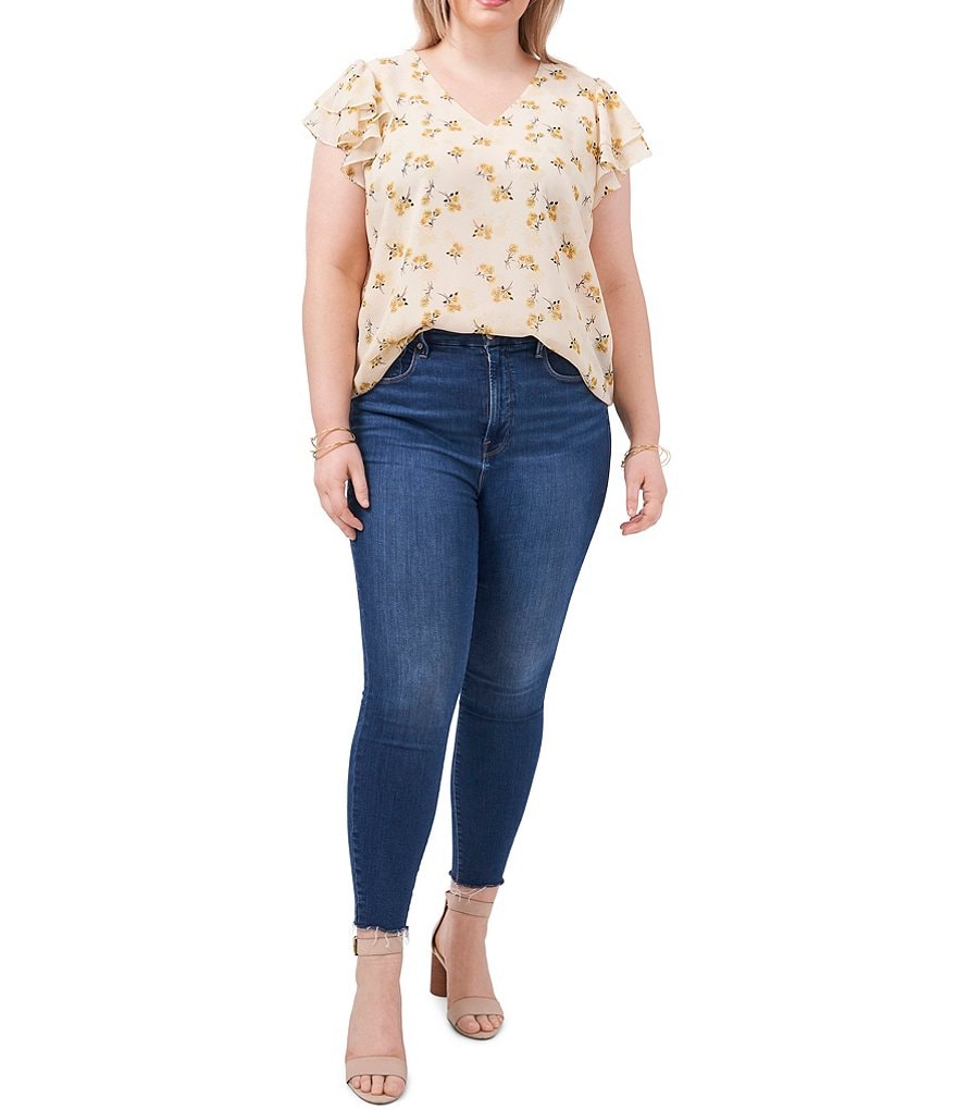 1. STATE Plus Size Isabelle Floral V-Neck Flutter Short Sleeve Blouse