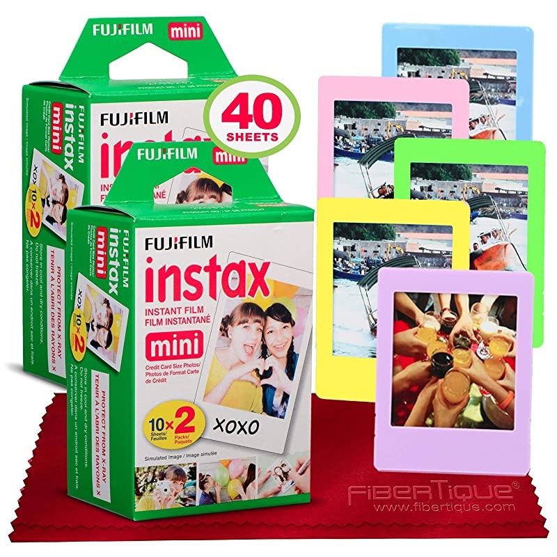 Instax Mini Instant Film (40 Sheets) Instax Mini with 5 Picture Frames + FiberTique Cleaning Cloth