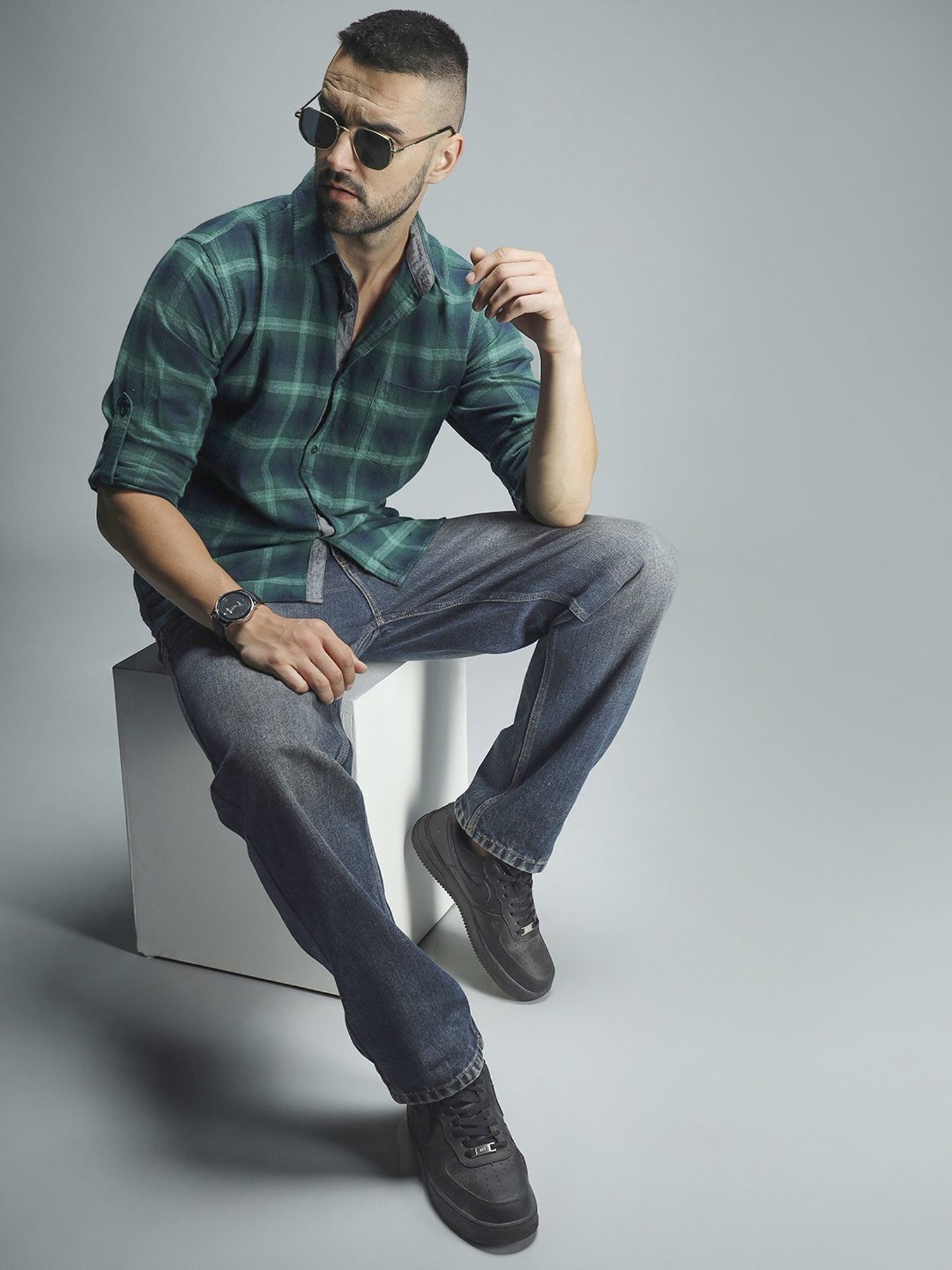 High Star Green Cotton Regular Fit Checks Shirt