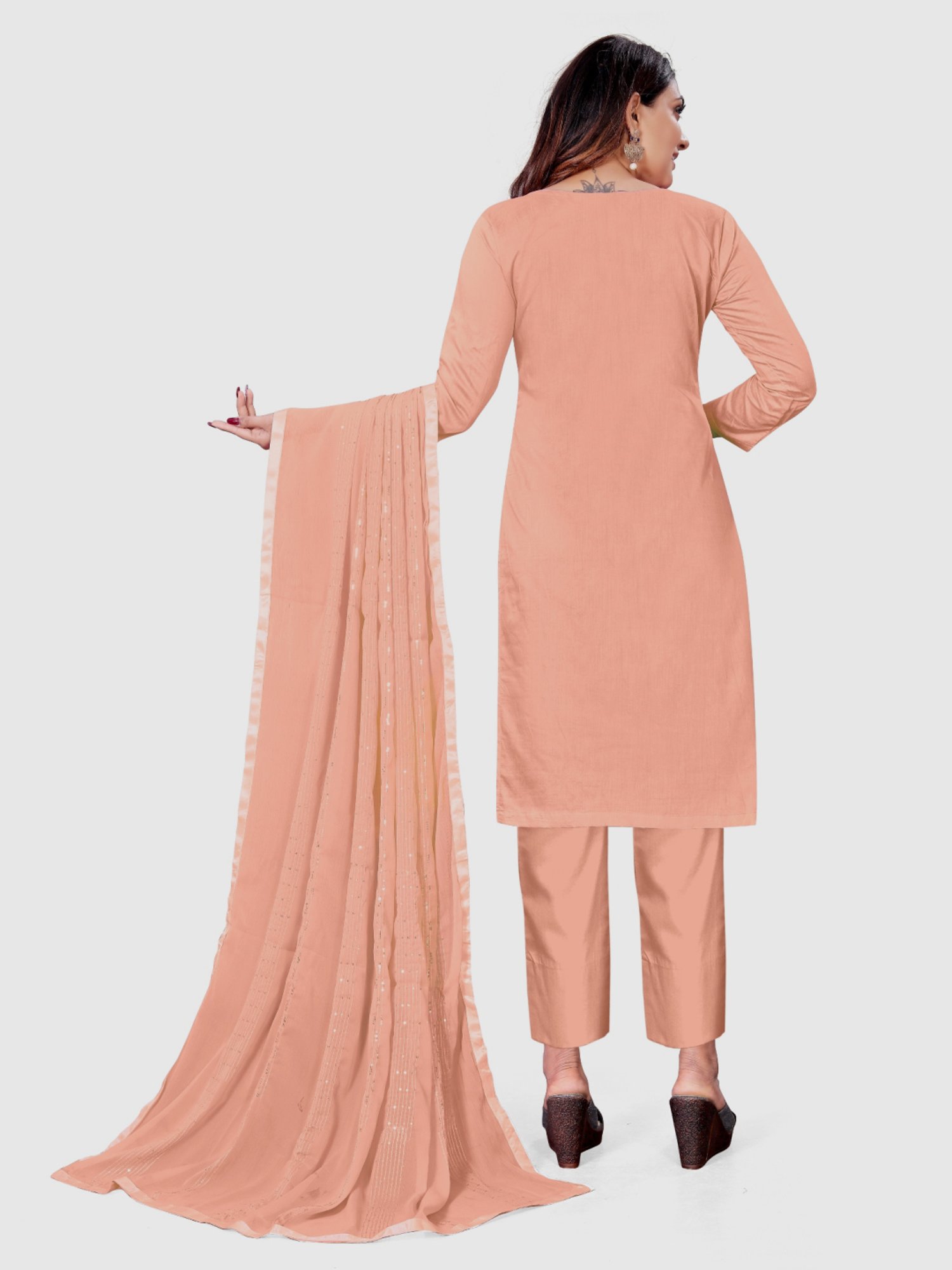 APNISHA Peach Cotton Embroidered Unstitched Dress Material