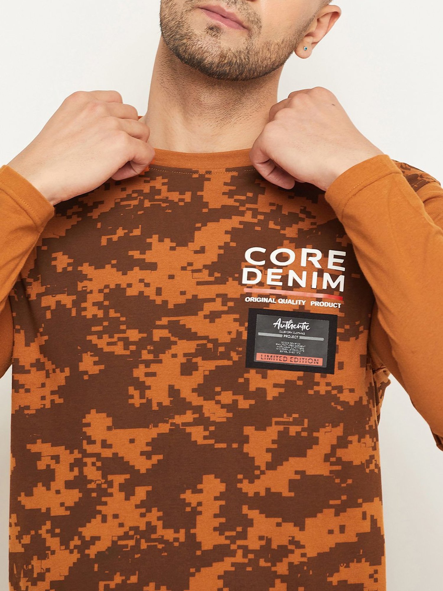 Club York Brown Regular Fit Printed Crew T-Shirt