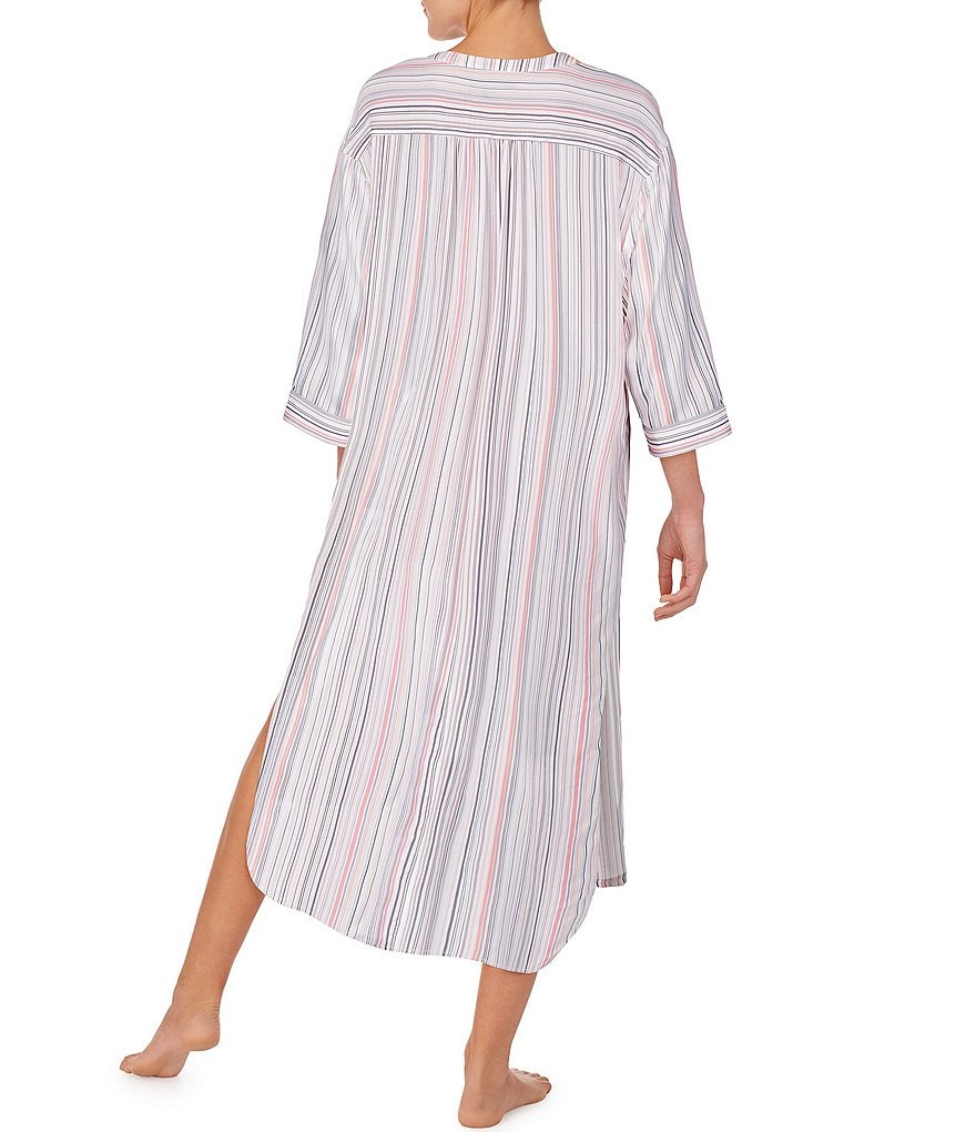 Donna Karan Striped Print Woven Split V-Neck Long Sleepshirt