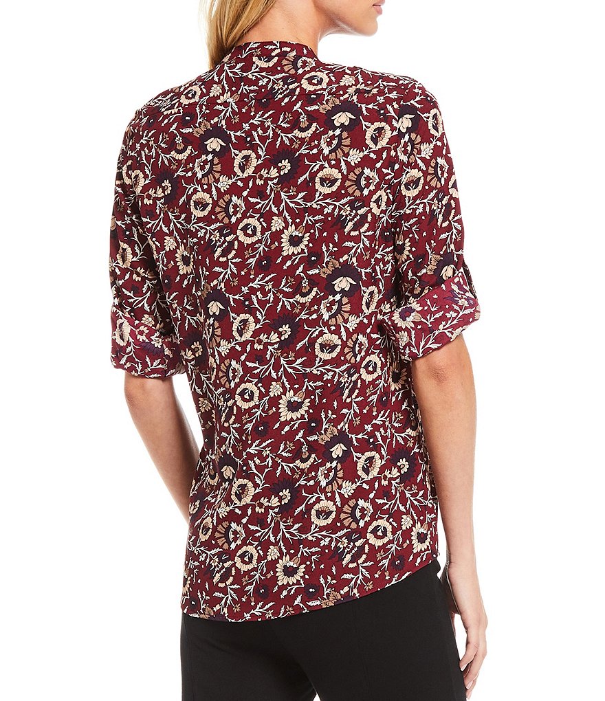 Preston & York Caroline Bow Woven V-Neck 3/4 Sleeve Blouse