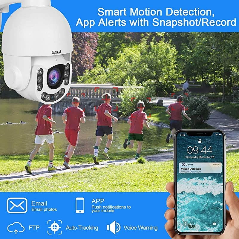 PTZ WiFi Camera Outdoor, Super HD IP Camera, 5X Zoom Security Camera, 200ft Night Vision, 2-Way Audio, Motion Detection Alarm, IP66 Waterproof, Support ONVIF, 128G SD Card Slot, Auto-Tracking