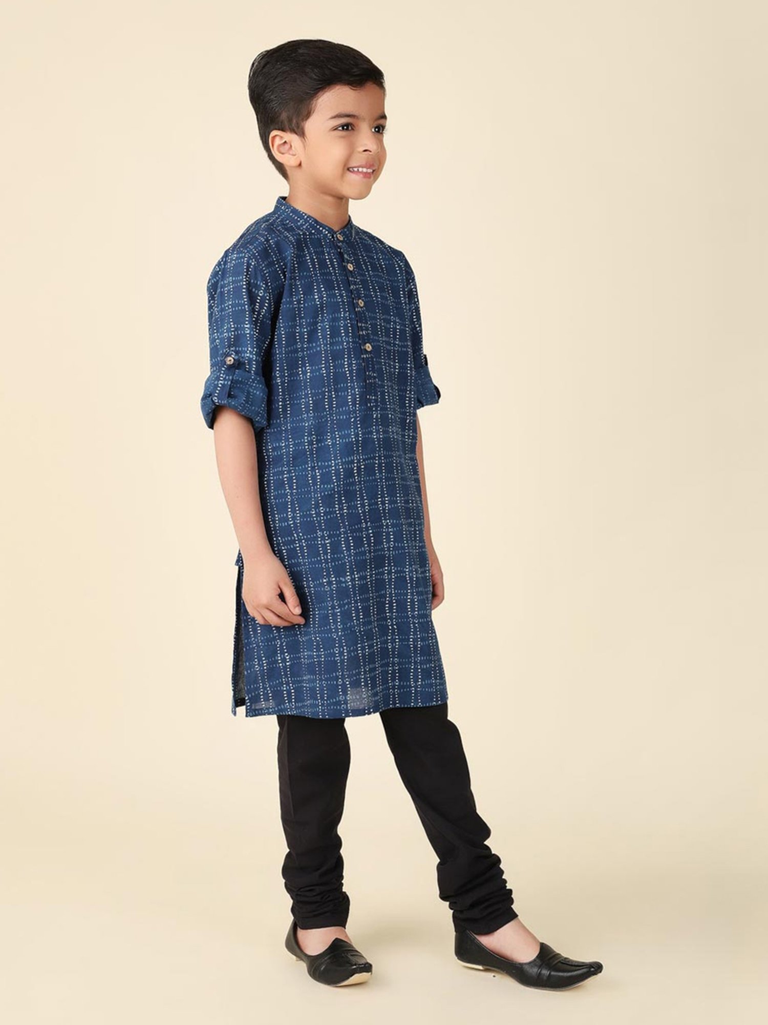 Fabindia Kids Navy Cotton Printed Full Sleeves Kurta