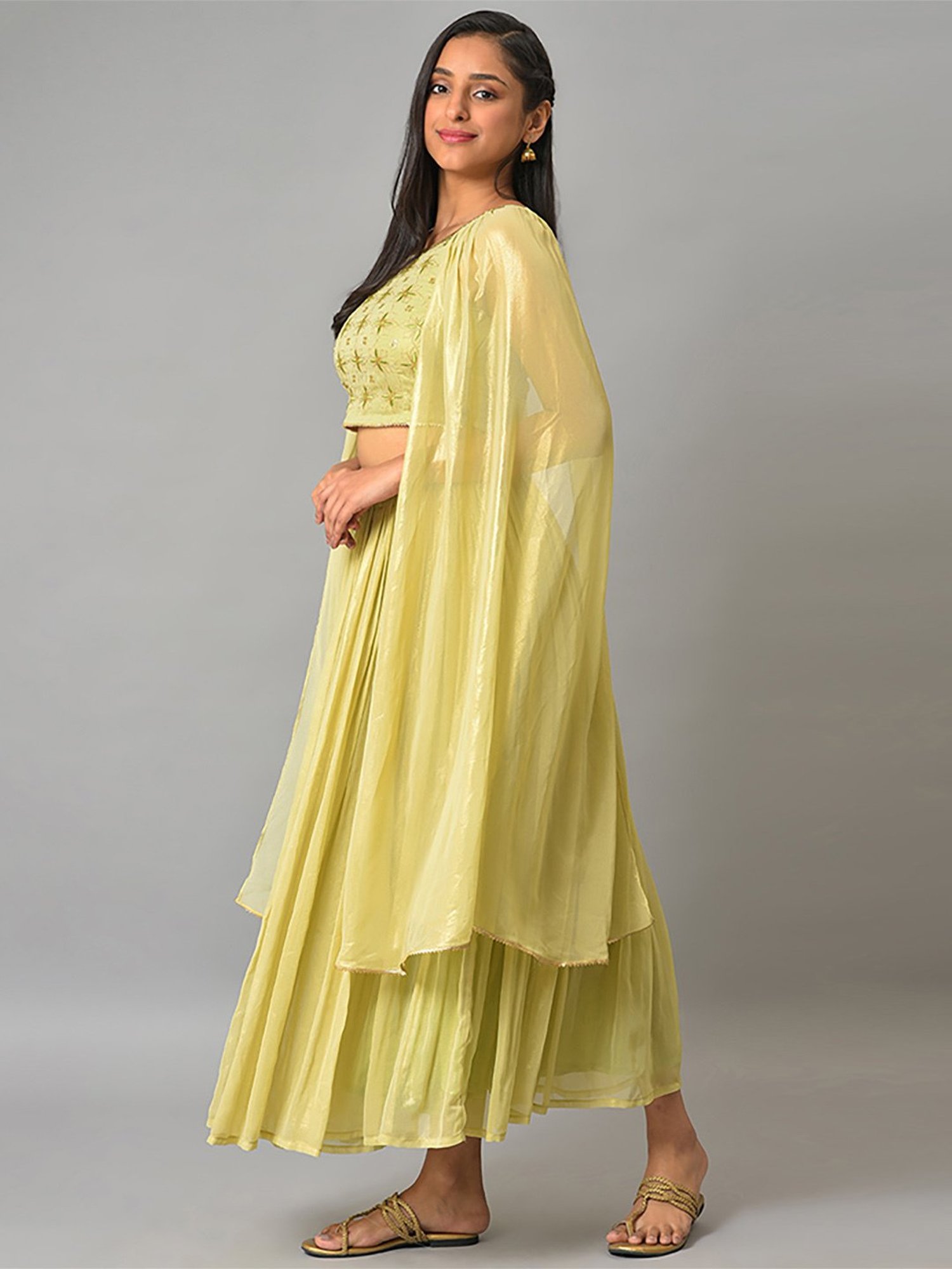 Aurelia Green Embroidered Crop Top Skirt Set