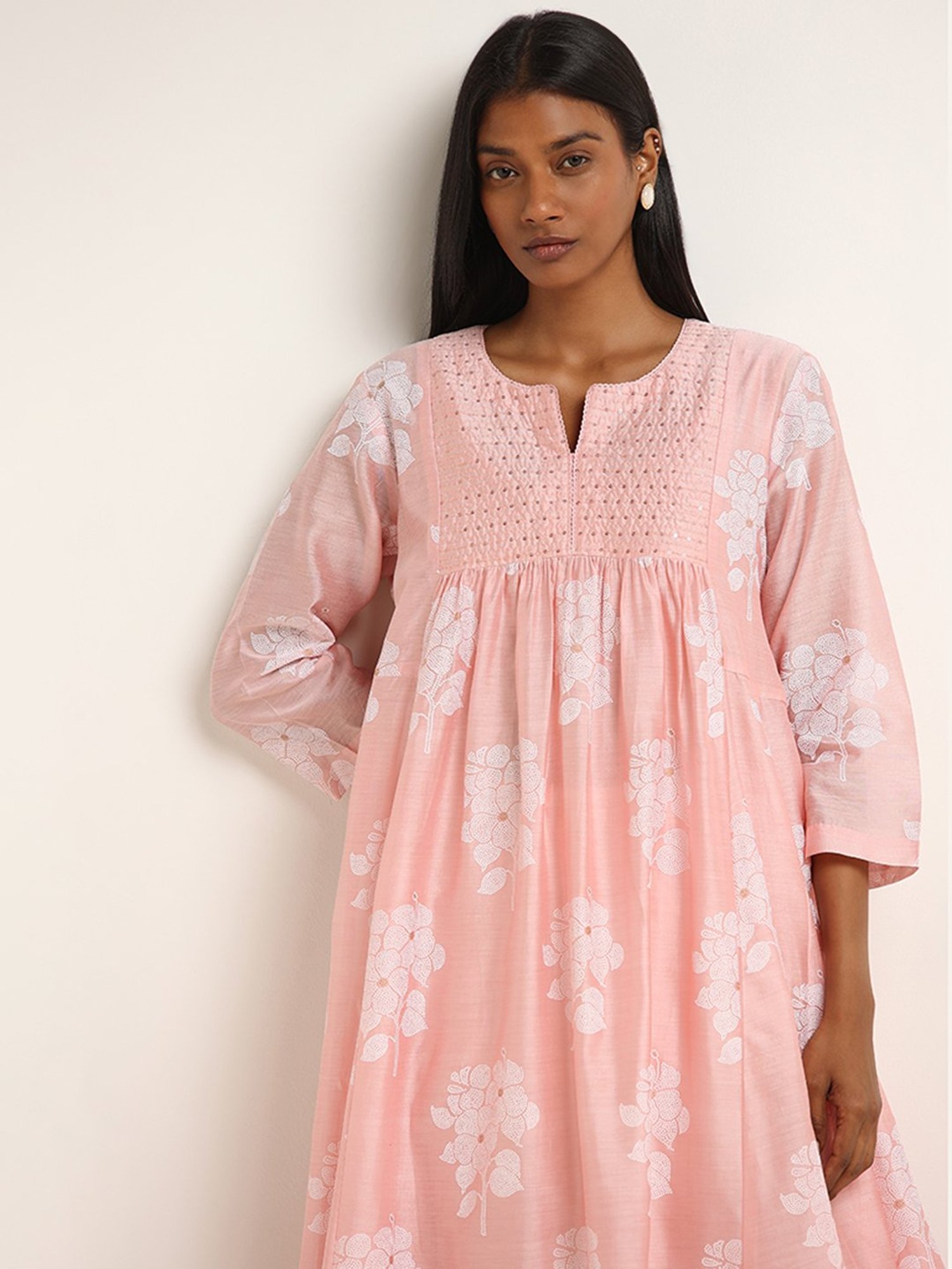 Zuba by Westside Pink Bandhani Floral Design A-Line Kurta with Camisole