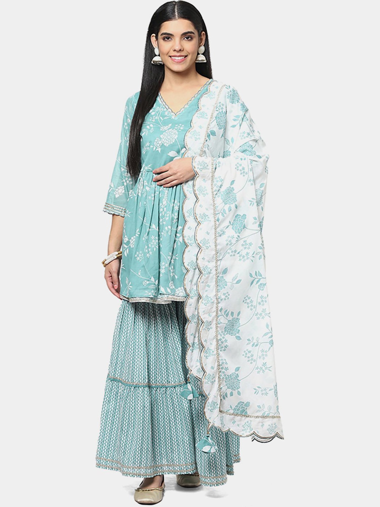 Biba Green Cotton Printed Kurti Sharara Set With Dupatta