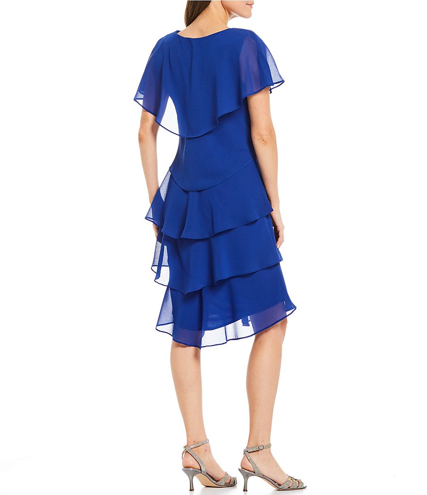 Kay Unger Long Bishop Sleeve V-Neck Crepe A-Line Dress